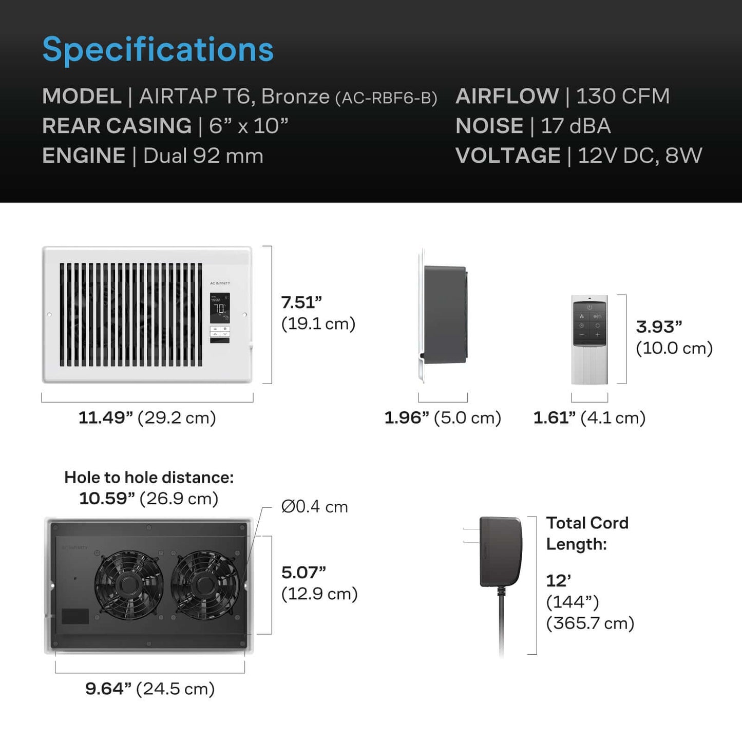 AC Infinity AIRTAP T6 Quiet Register Booster Fan System White product image 6