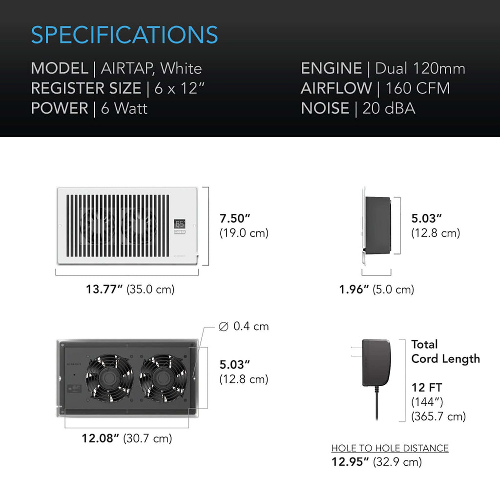 AC Infinity AIRTAP T6 Quiet Register Booster Fan System White product image 5