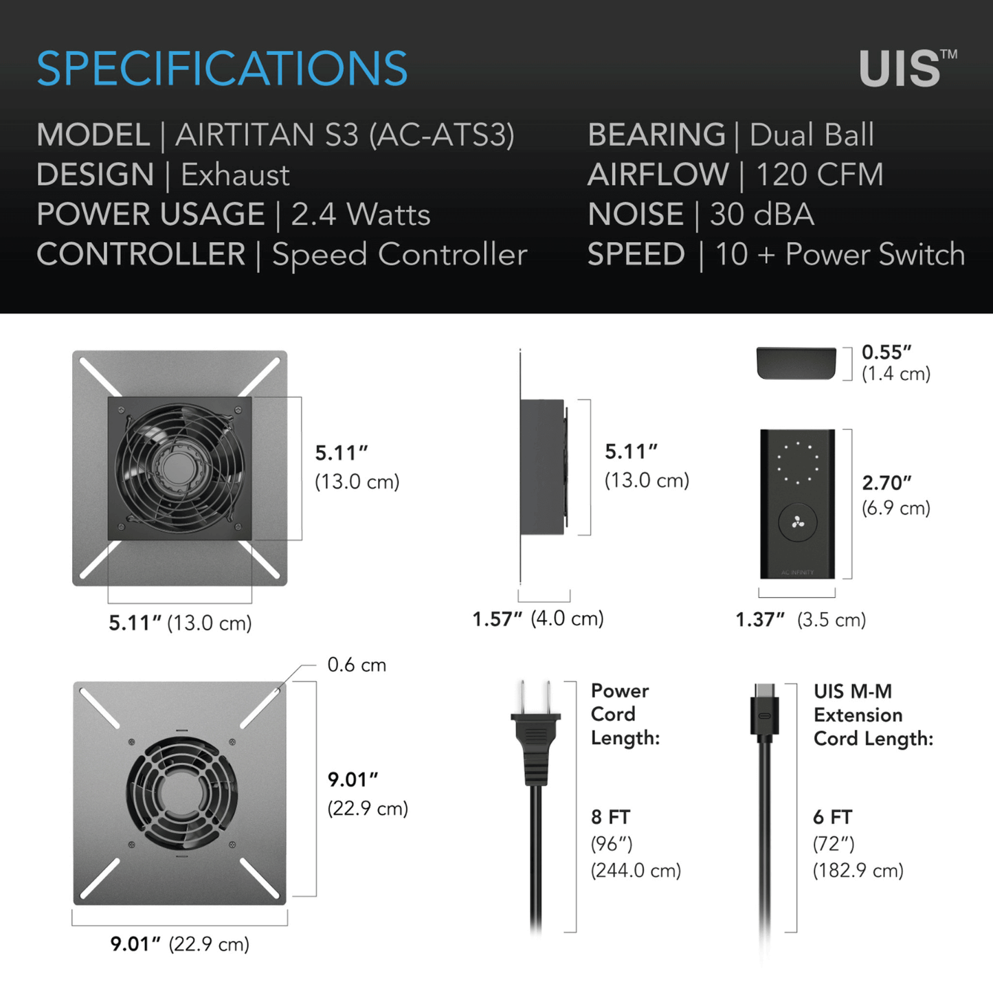 AC Infinity AIRTITAN S3 specifications, featuring dual ball bearing, 10-speed controller, 120 CFM airflow, and noise level of 30 dBA.