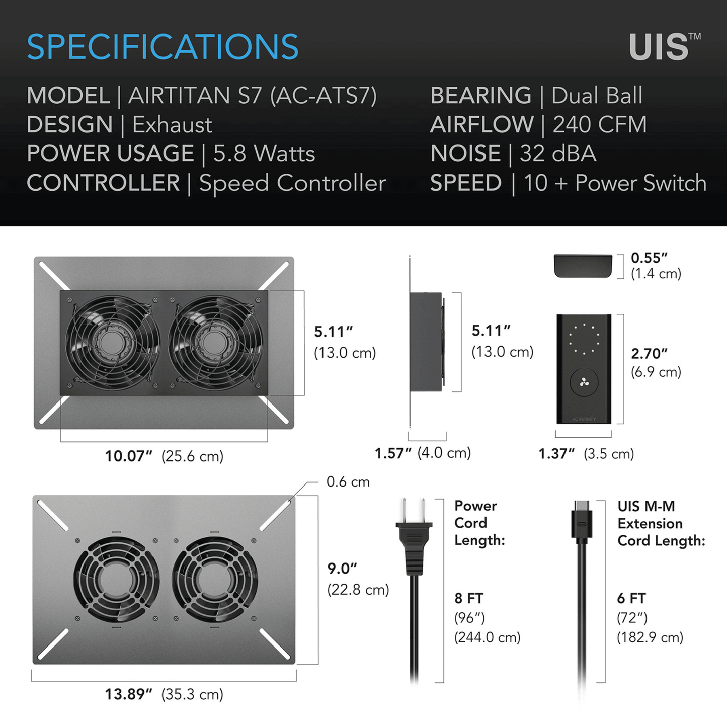 "AC Infinity AIRTITAN S7 specifications; includes dual ball bearing, 240 CFM airflow, speed controller, and 10 ft extension cord."