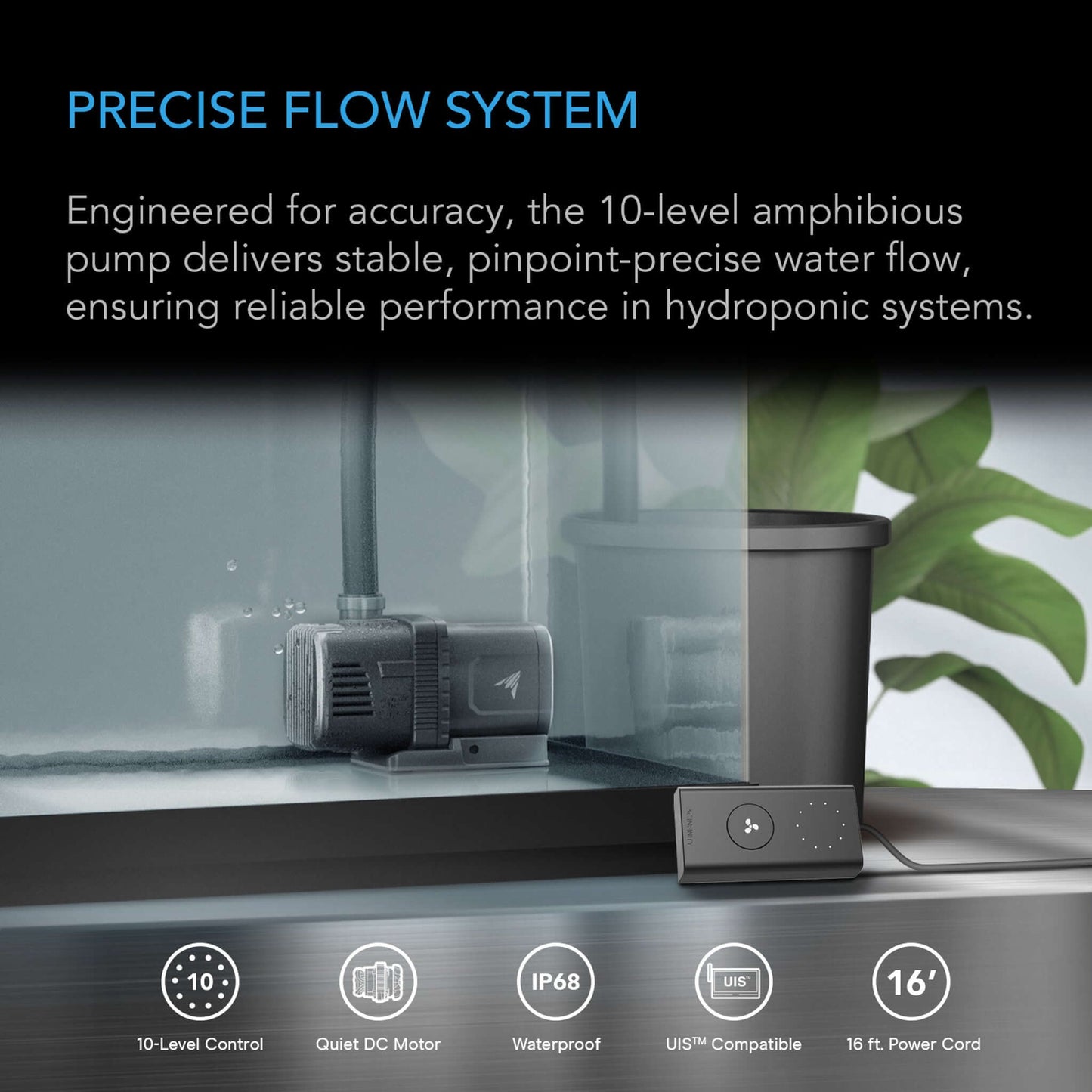 AC Infinity UIS Amphibious Pump 24W, 10-Speed Precision DC Motor, 6-Feet Lift Height, 528 GPH (2000 L/H) for Submersible / Inline Use