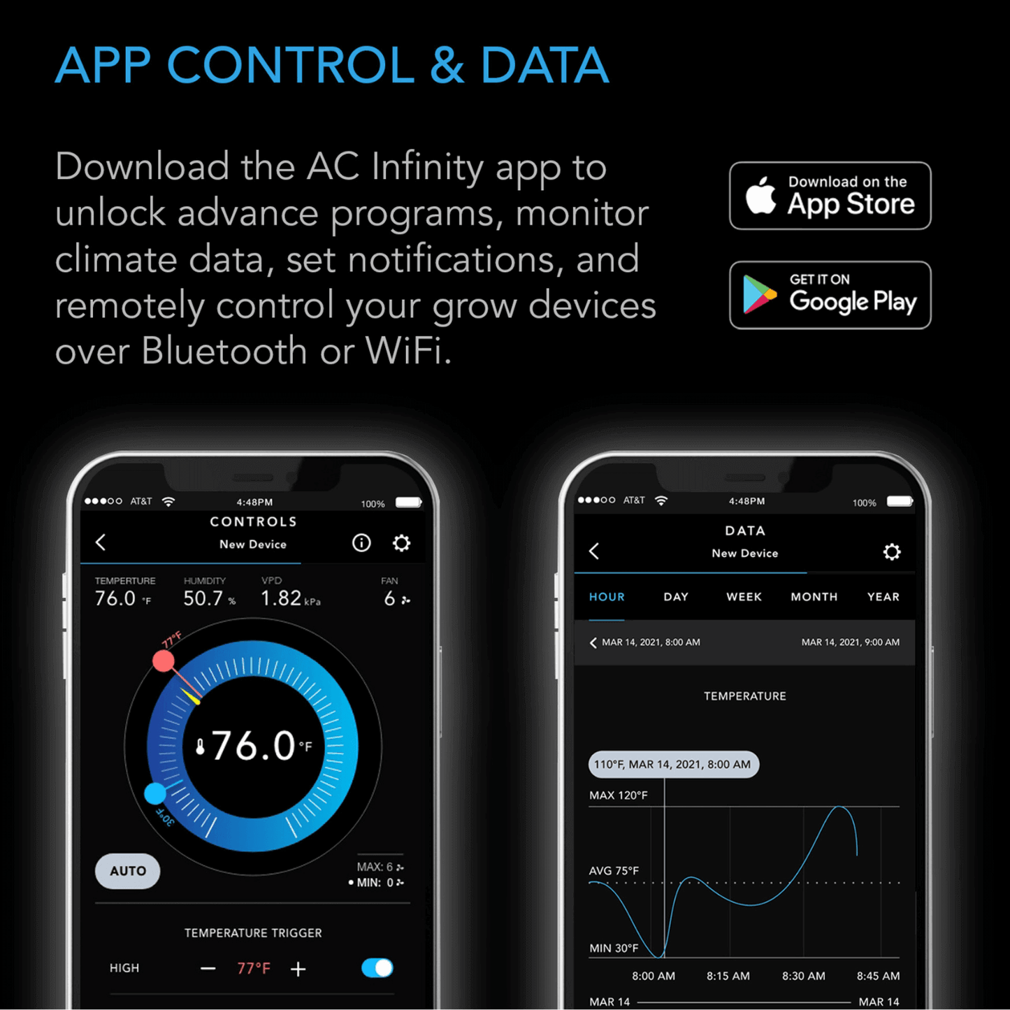 "AC Infinity app interface for controlling grow devices via Bluetooth and WiFi, available on App Store and Google Play."