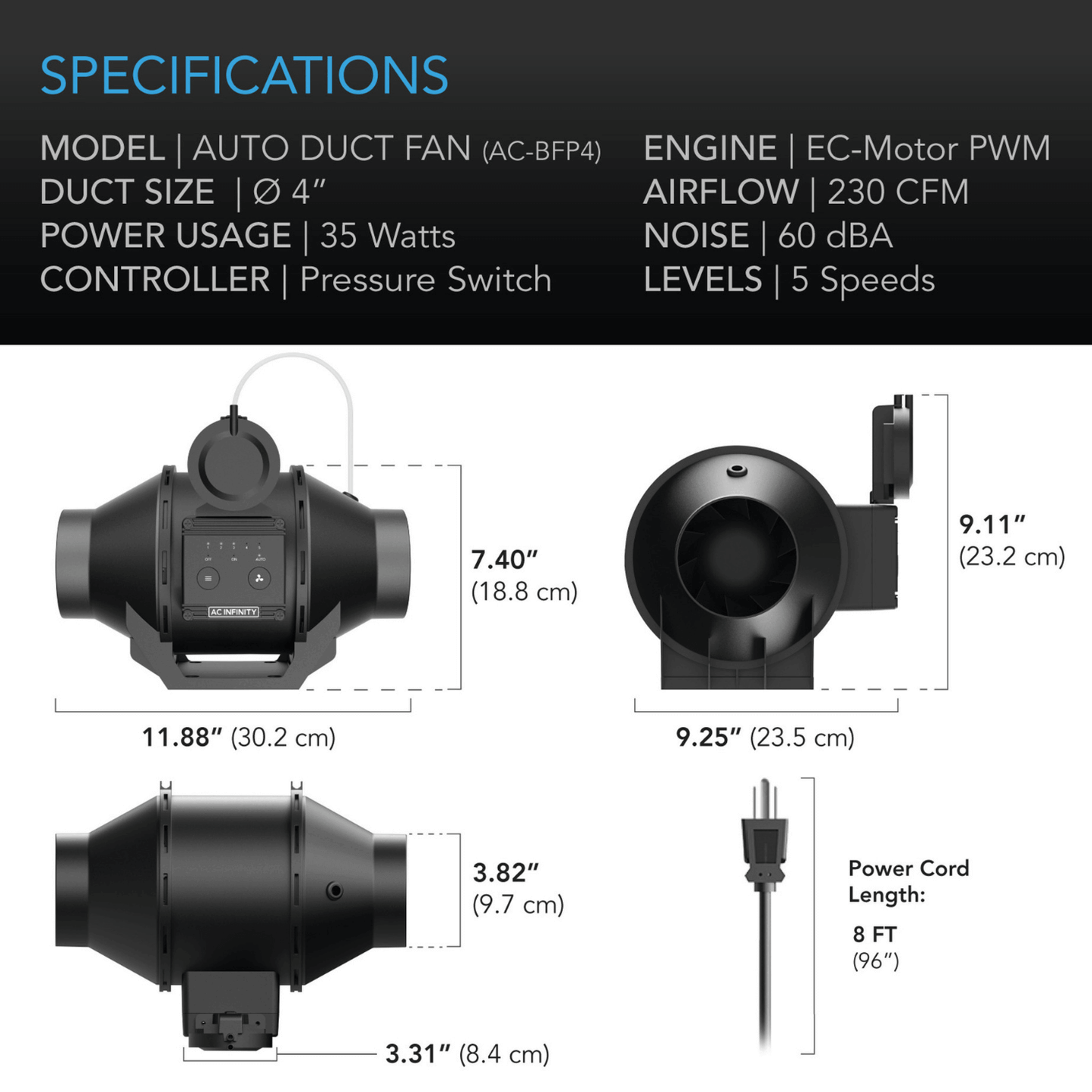 AC Infinity 4-Inch Inline Duct Fan with Pressure Switch, detailed specifications and dimensions, 230 CFM airflow, 5-speed levels.