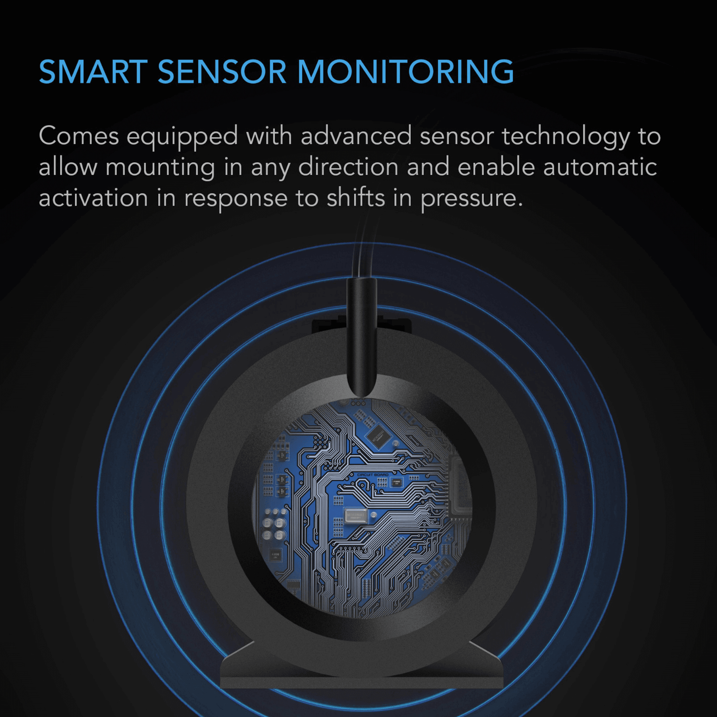 Smart sensor monitoring on AC Infinity duct fan with advanced technology for automatic activation upon pressure shifts.