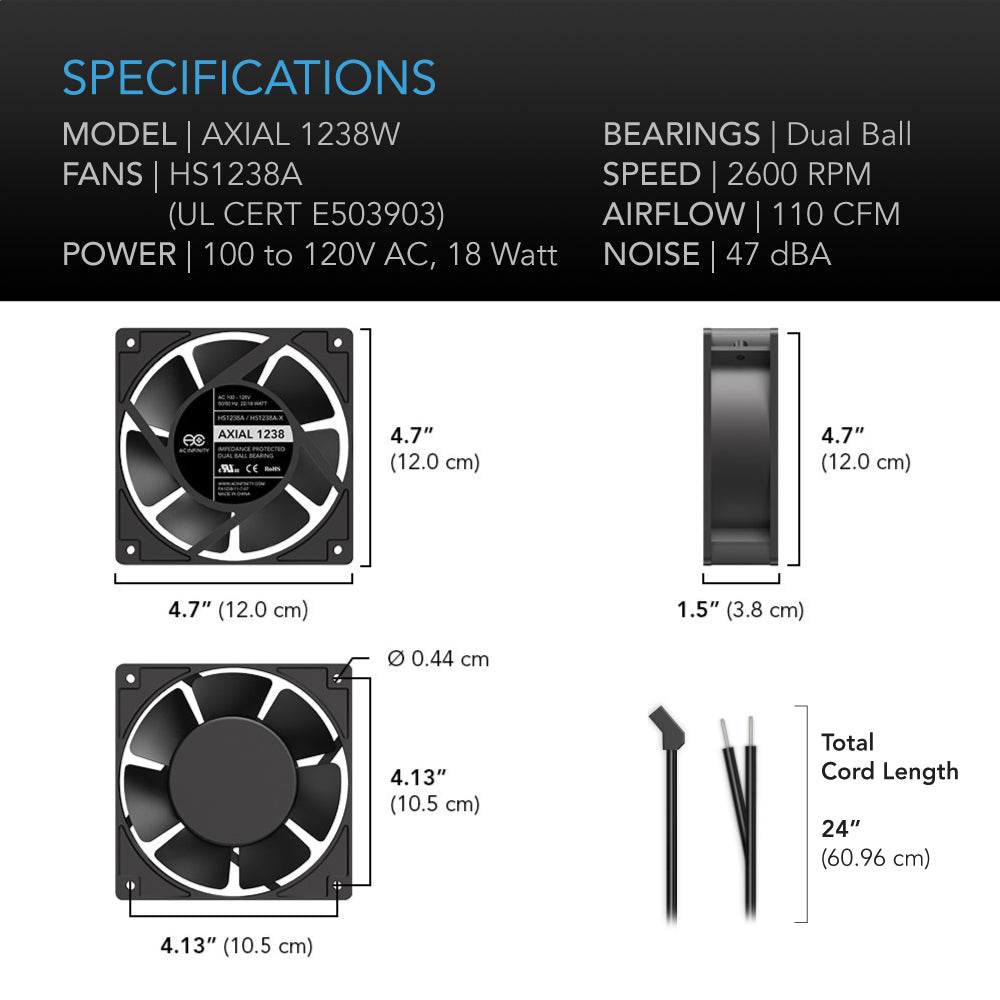 AC Infinity AXIAL 1238W 120V AC Muffin Fan w/ Wire-Leads Adapter 120mm product image 6