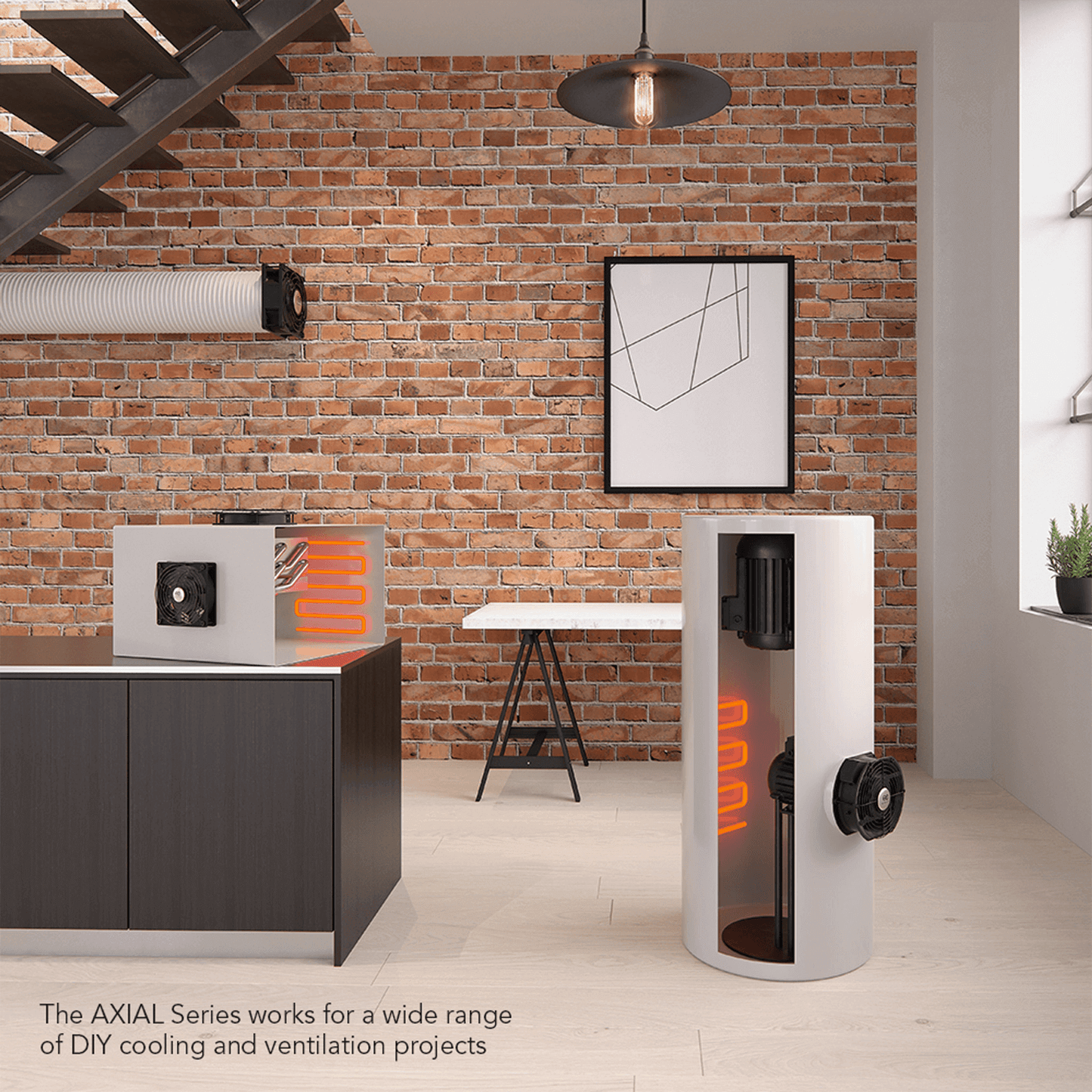 "Modern room showcasing AC Infinity AXIAL S1225D cooling fan for versatile DIY cooling and ventilation projects"