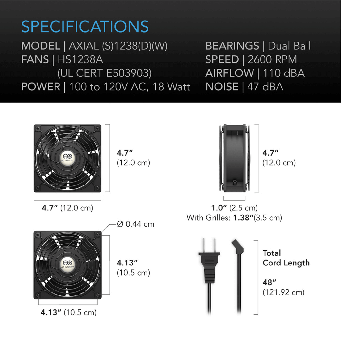 "AC Infinity AXIAL S1238D cooling fan specifications, dual-ball bearings, 110 dBA airflow, 2600 RPM, UL-certified, 120V AC power"