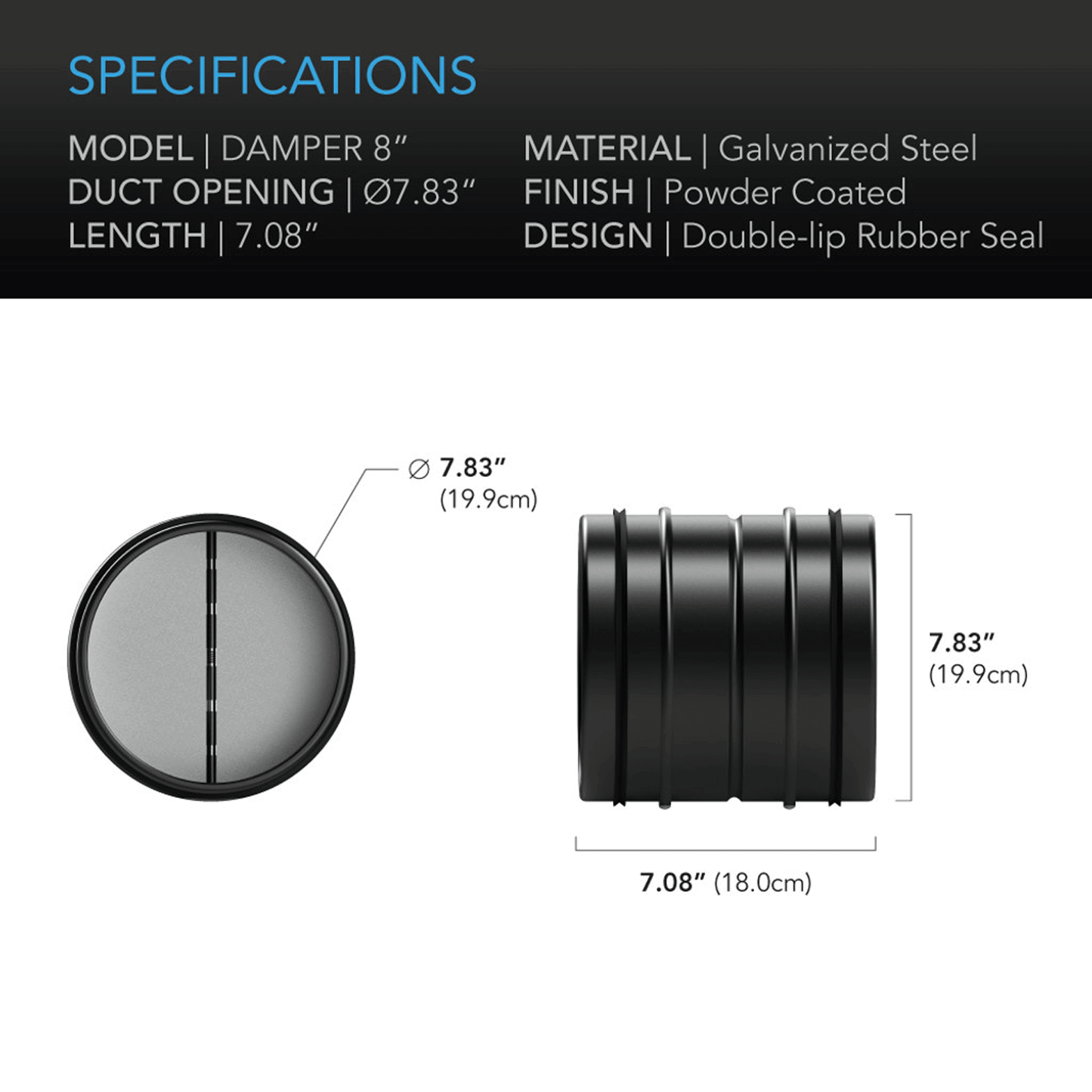 AC Infinity 8-Inch Backdraft Damper Insert Specifications, Black Galvanized Steel, Double-lip Rubber Seal, HVAC Ducting Accessory