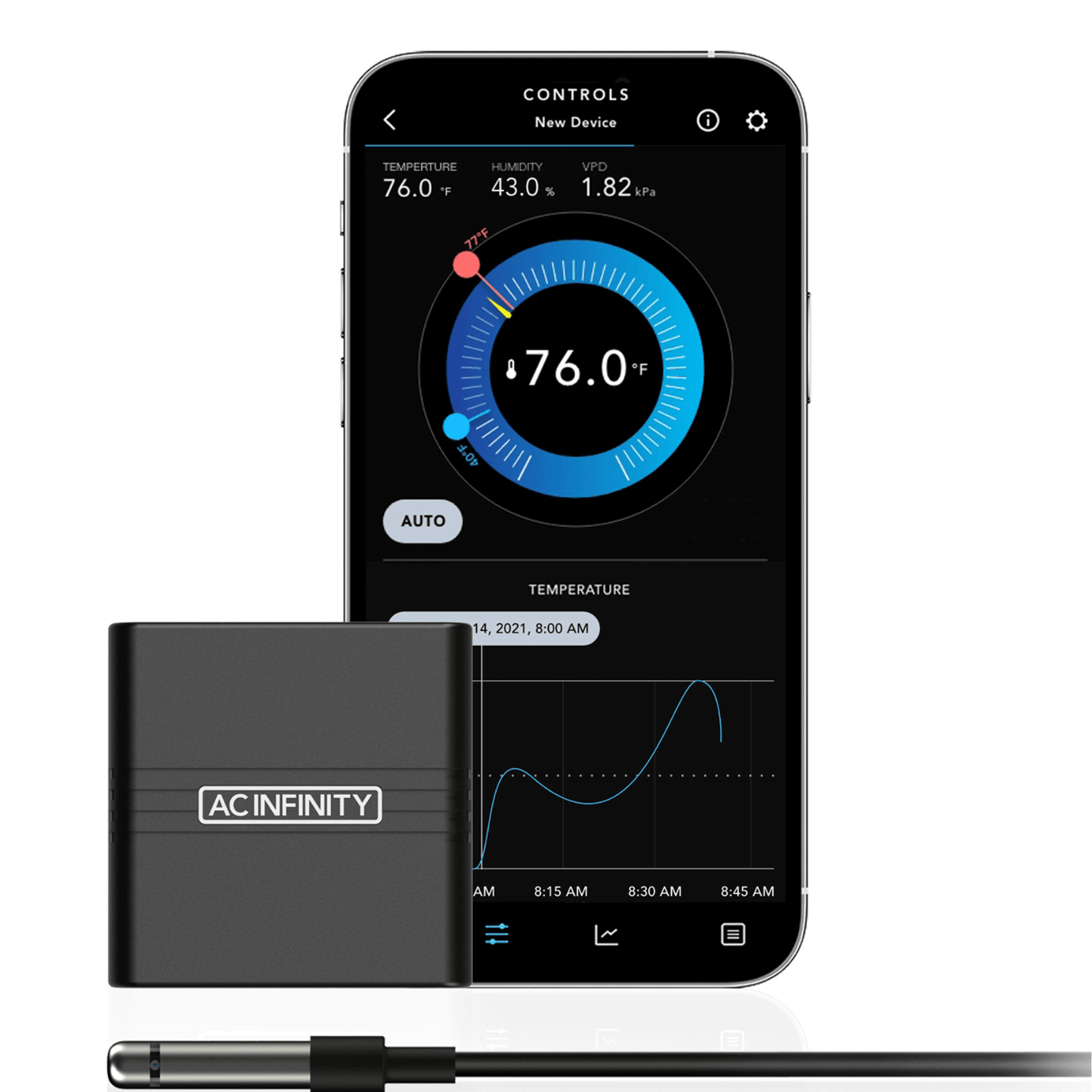 AC Infinity CLOUDCOM A1 Mini Smart Thermo-Hygrometer with app display and 12 ft. sensor probe for climate monitoring.