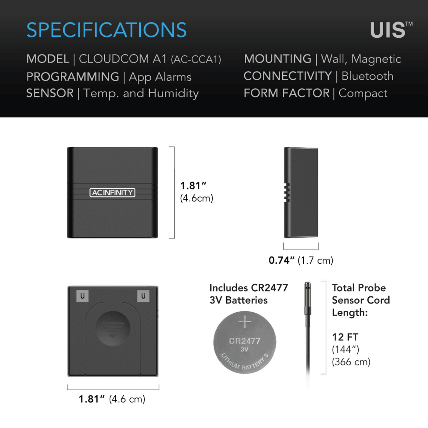 "AC Infinity CLOUDCOM A1 Mini Smart Thermo-Hygrometer specifications with sensor dimensions and connectivity details"