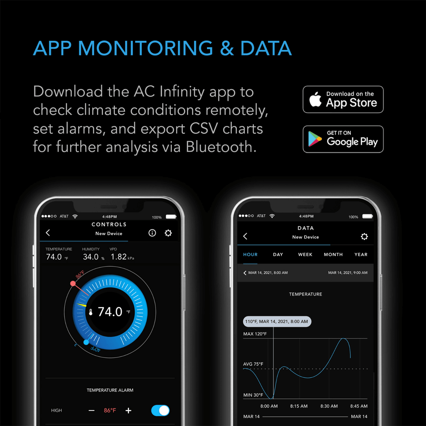 "AC Infinity app interface for monitoring climate data and setting alarms via Bluetooth on smartphones"