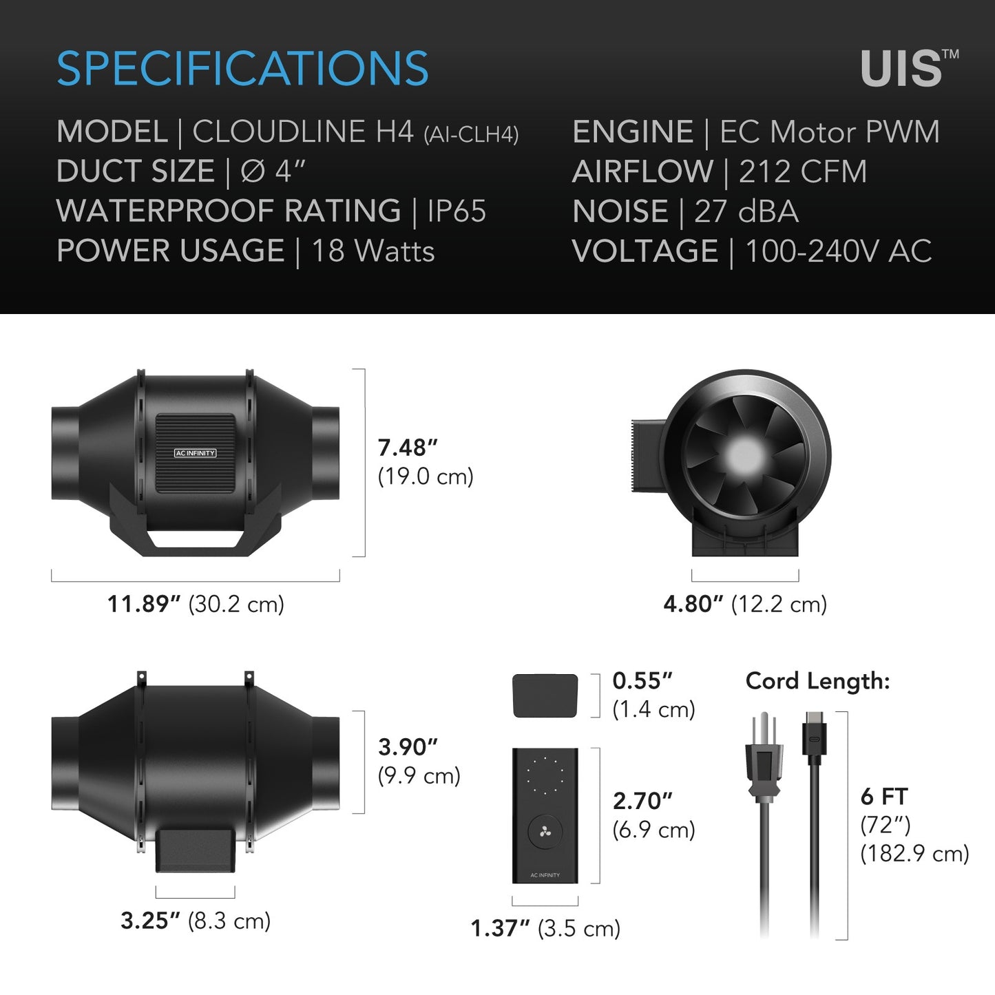 AC Infinity CLOUDLINE H4 Inline Fan w/ Speed Controller product image 16