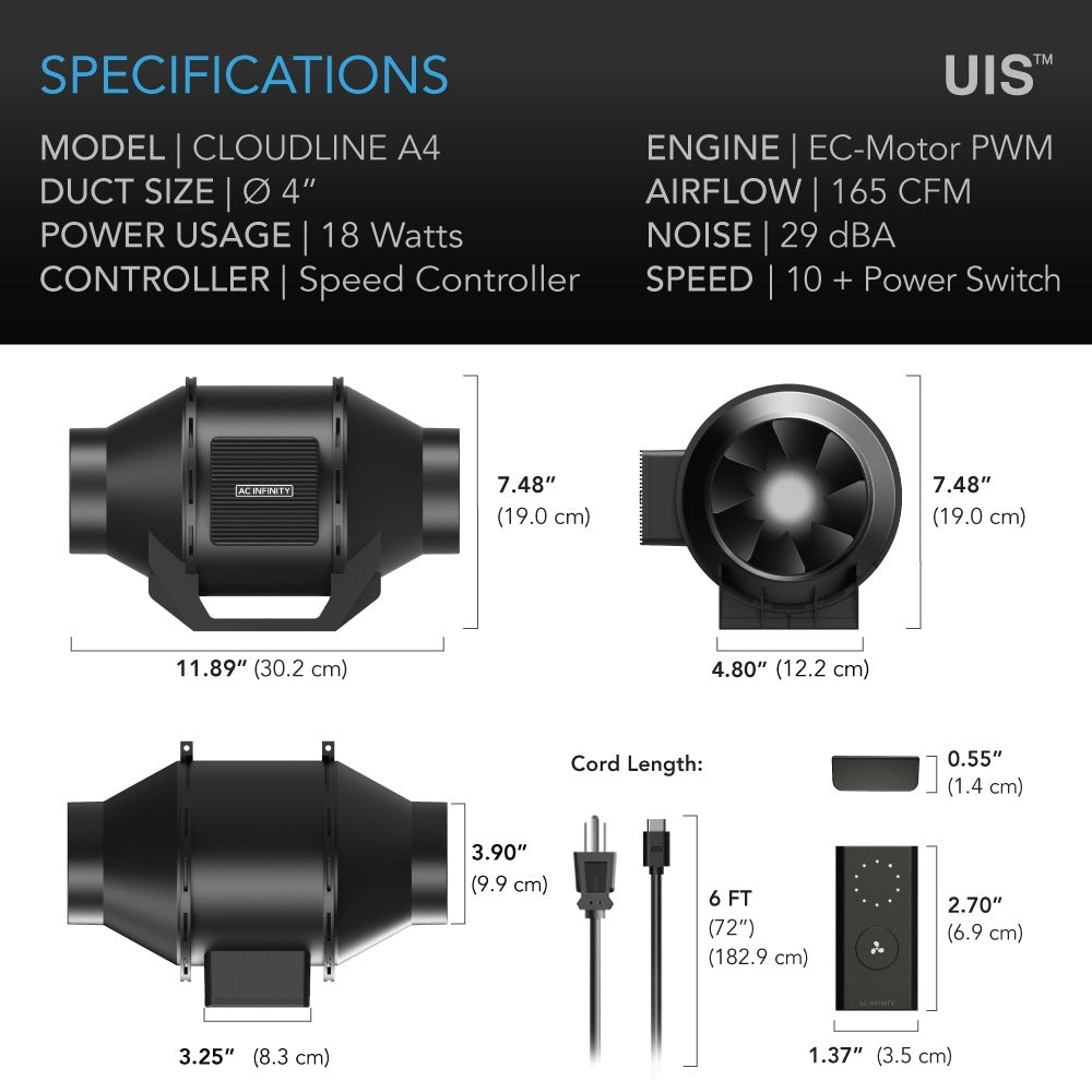 AC Infinity CLOUDLINE LITE A4 Quiet Inline Fan w/ Speed Controller product image 16