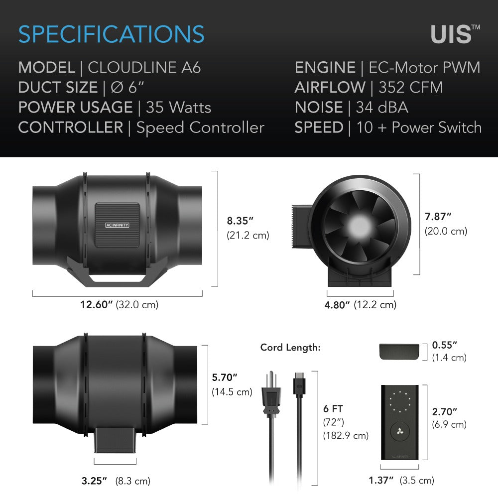AC Infinity CLOUDLINE LITE A6 Quiet Inline Fan w/ Speed Controller product image 16