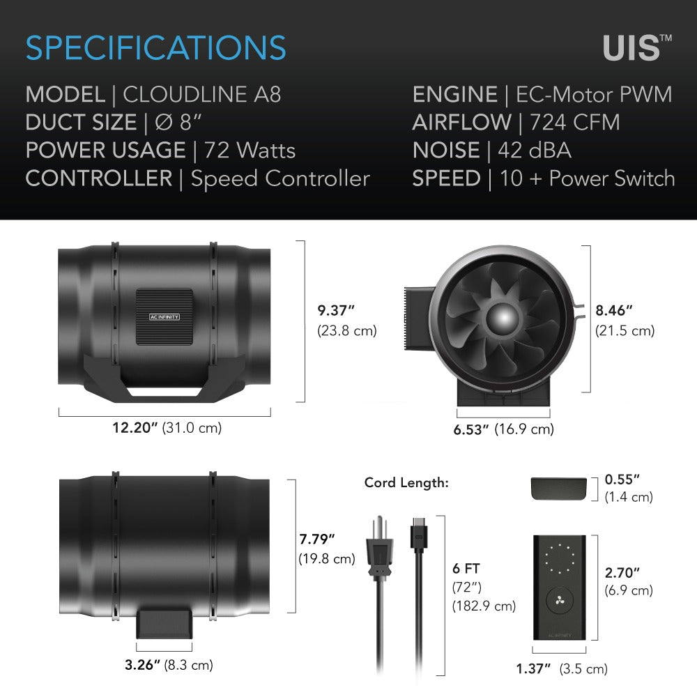 AC Infinity CLOUDLINE LITE A8 Quiet Inline Fan w/ Speed Controller product image 15