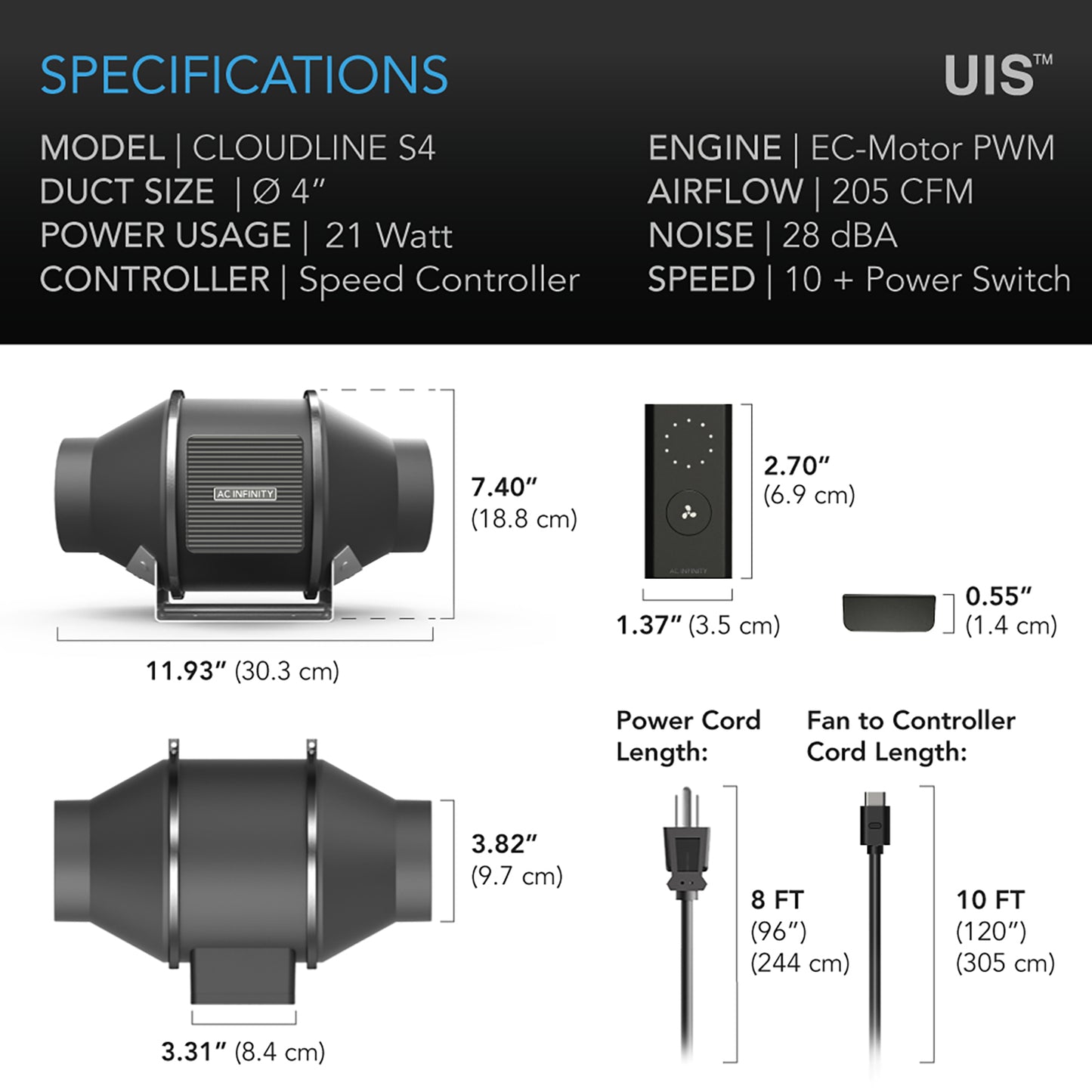 AC Infinity CLOUDLINE S4 Quiet Inline Duct Fan System w/ Speed product image 6