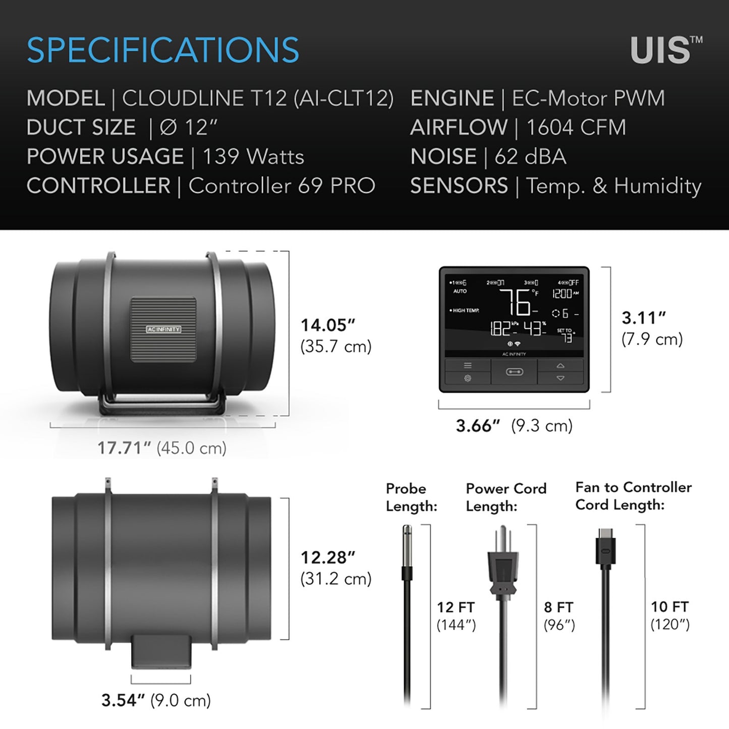 AC Infinity CLOUDLINE T12 Quiet Inline Duct Fan System w/ Temperature product image 8