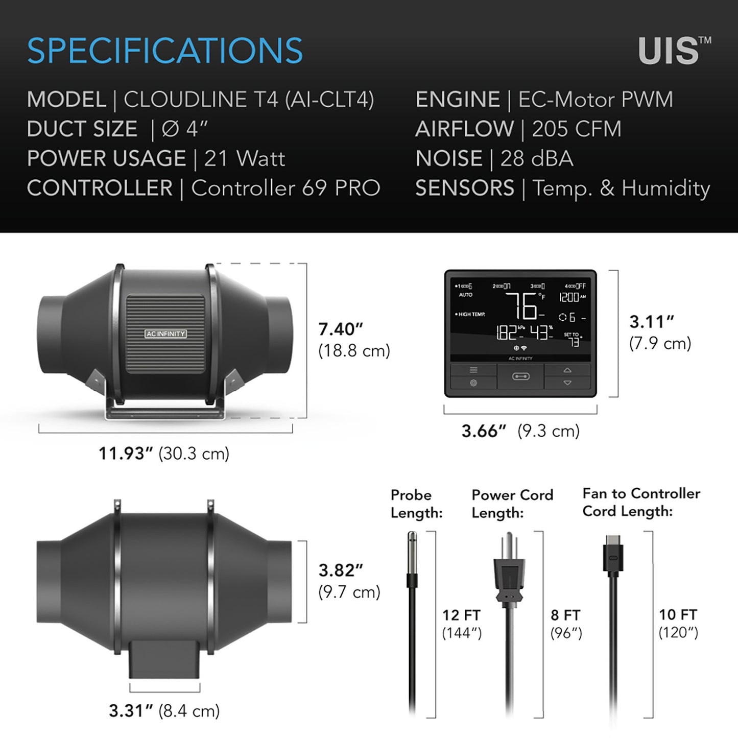AC Infinity CLOUDLINE T4 Quiet Inline Duct Fan System w/ Temperature product image 12