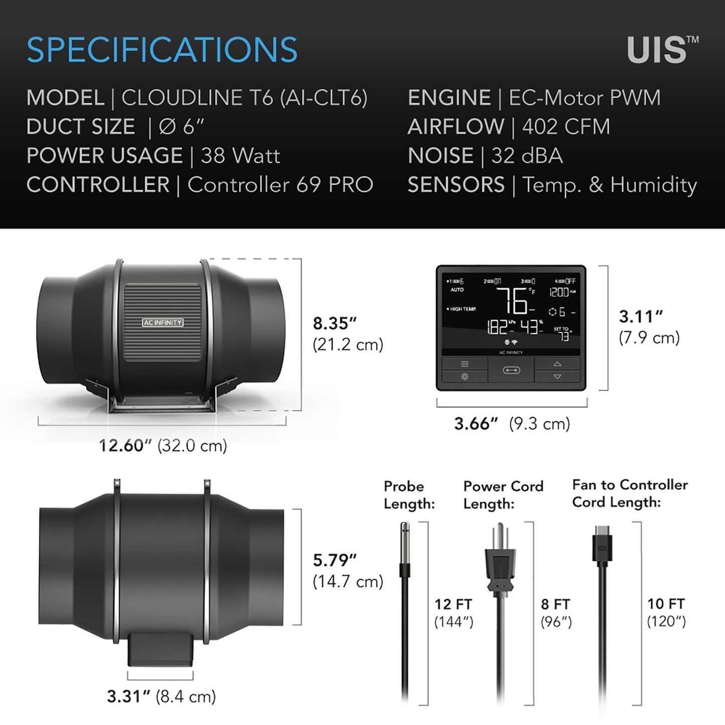 AC Infinity CLOUDLINE T6 Quiet Inline Duct Fan System w/ Temperature product image 12