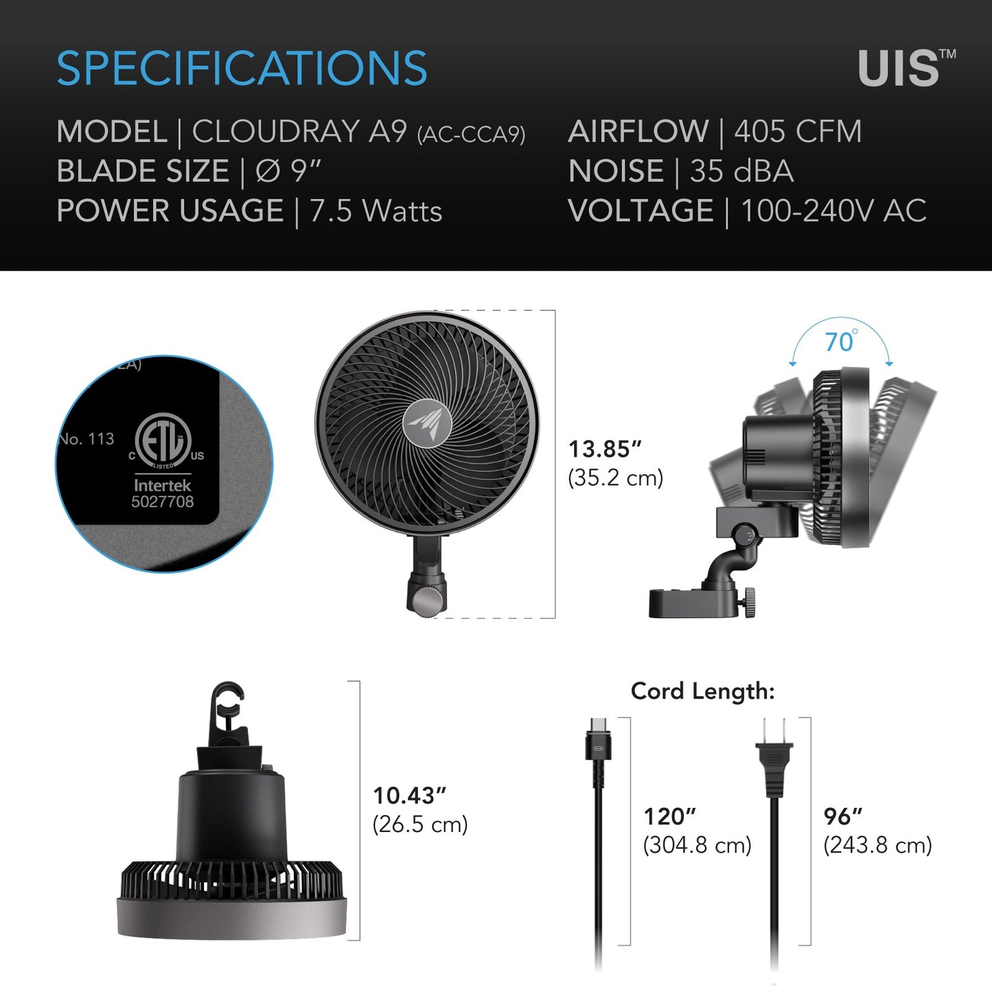 AC Infinity CLOUDRAY A9 Grow Tent Clip Fan 9" w/ 10 Speeds EC-Motor product image 7
