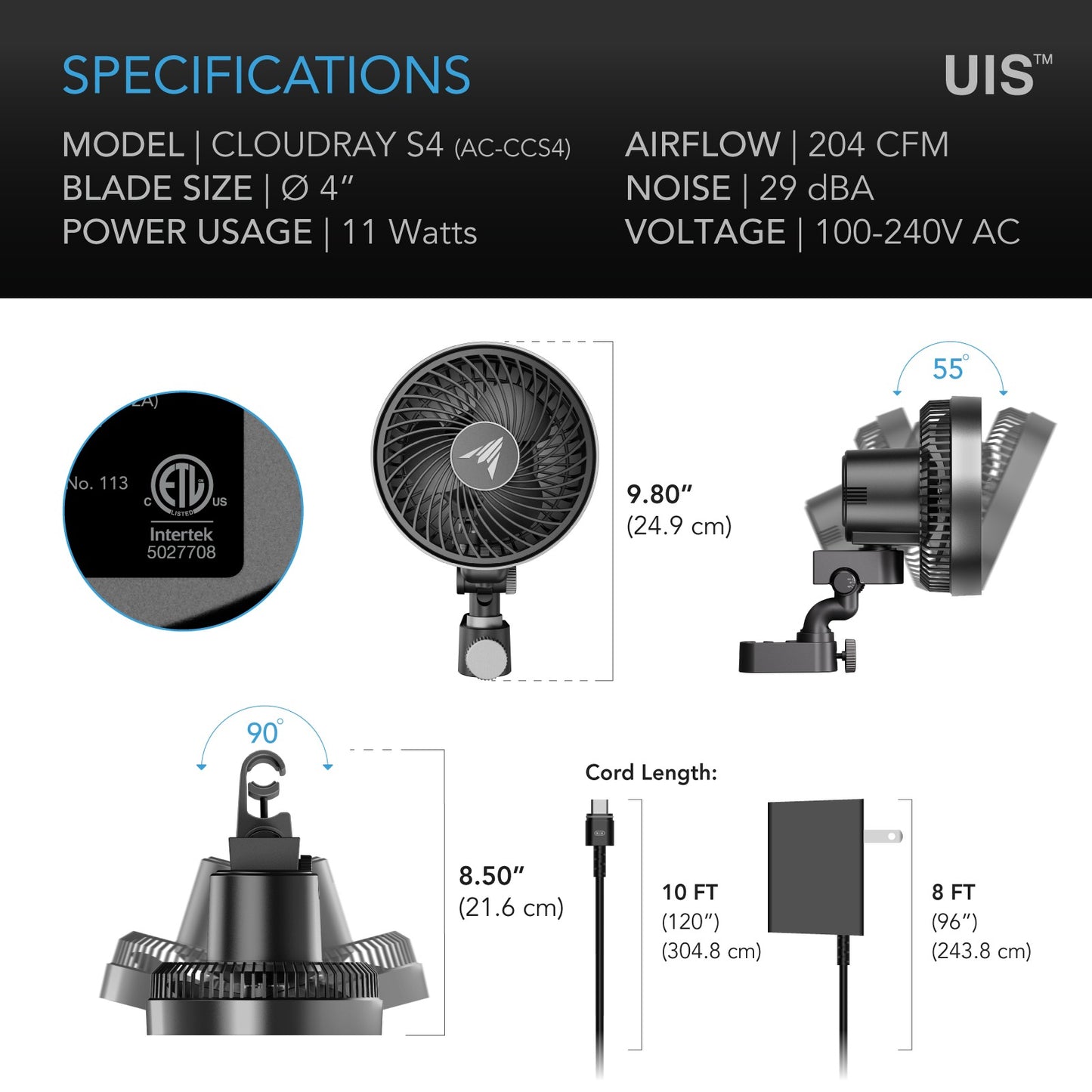AC Infinity CLOUDRAY S4 Ultra-Compact Grow Tent Clip Fan 4" product image 10