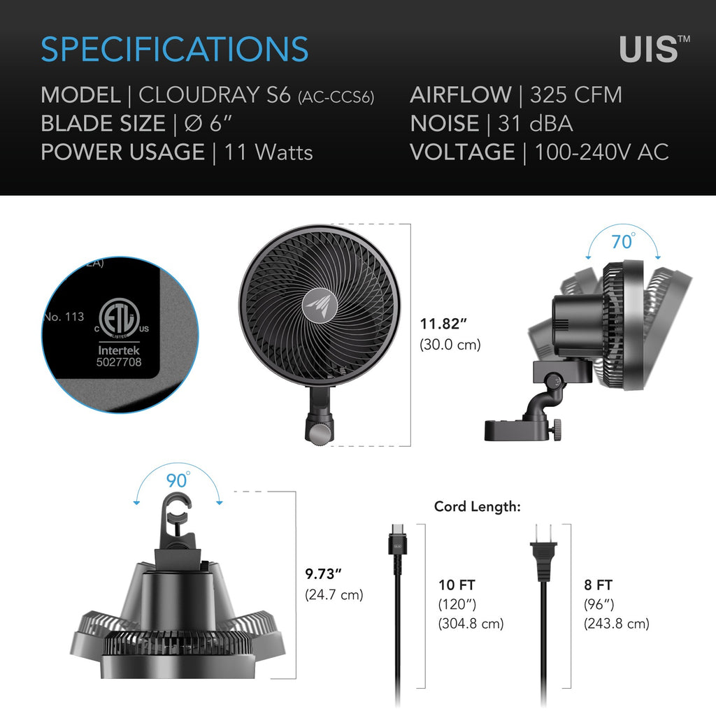 AC Infinity CLOUDRAY S6 Grow Tent Clip Fan 6" w/ 10 Speeds EC-Motor product image 9