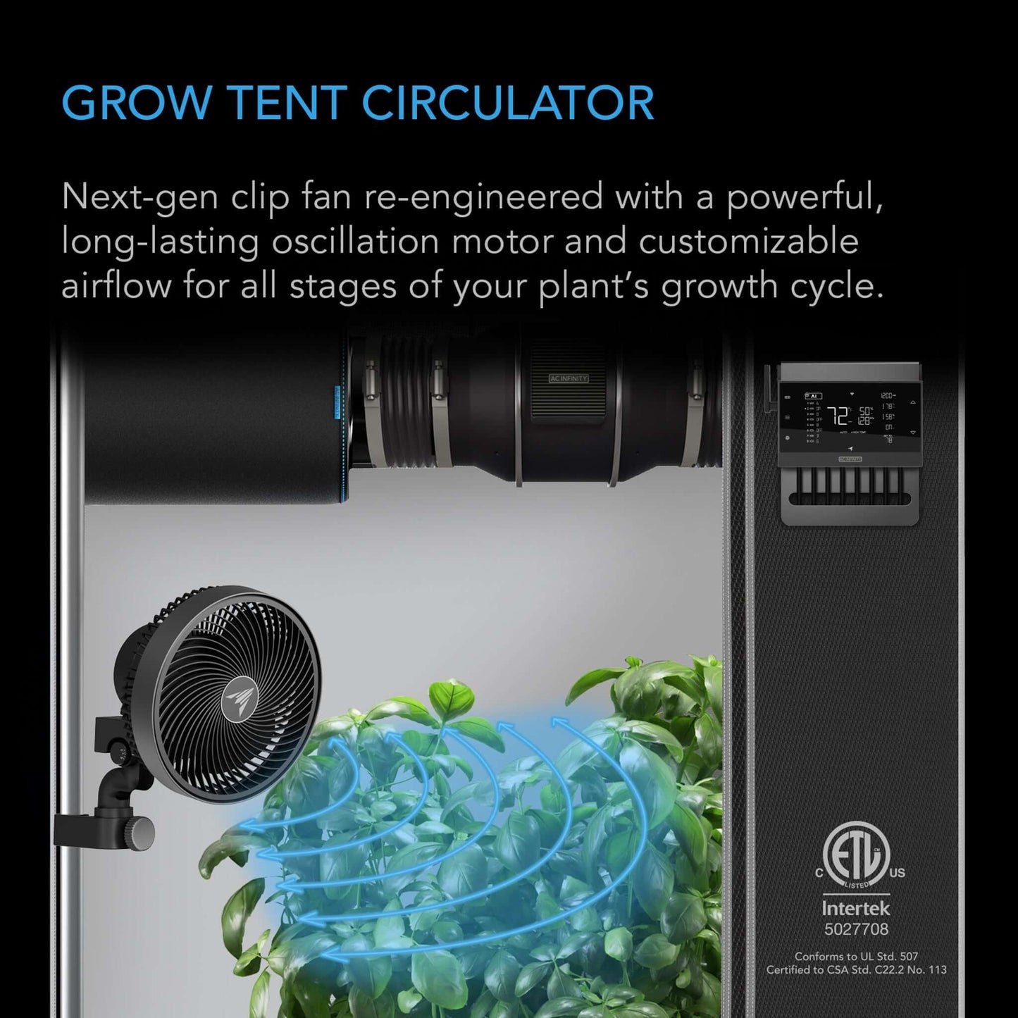 AC Infinity CLOUDRAY S9, Gen 2 Grow Tent Clip Fan 9” with Long-Life EC Motor, 10-Level Dynamic Wind Modes & Fan Speeds, 10-Level Auto Oscillation