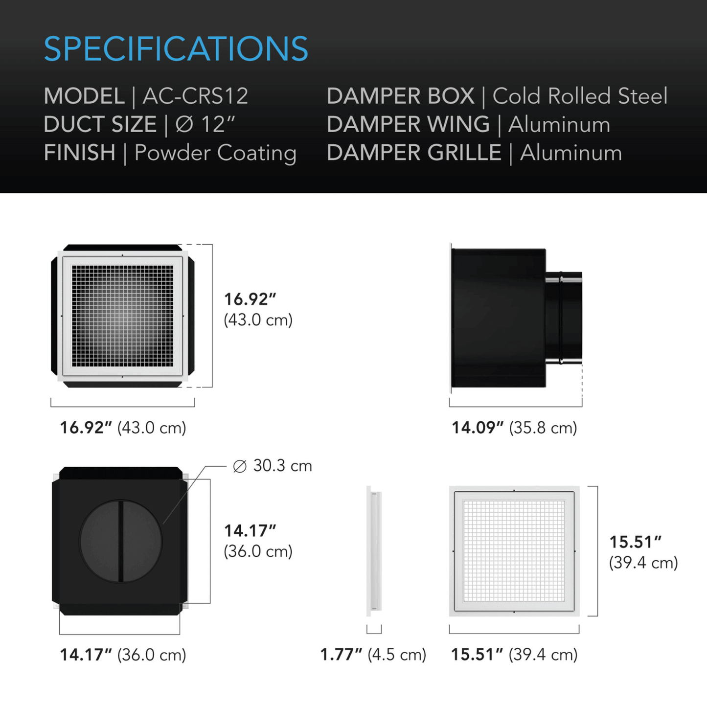 AC Infinity AC-CRS12 specifications, cold rolled steel damper box, aluminum damper wing and grille, 12-inch duct size.