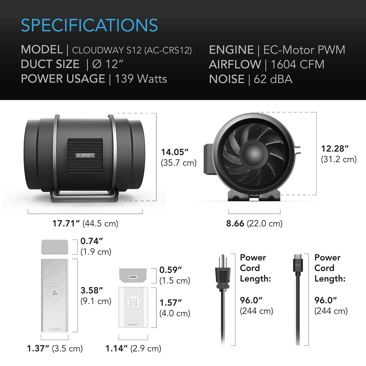 AC Infinity CLOUDWAY S12 whole house fan specifications, EC motor, 1604 CFM airflow, energy efficient wireless controller.