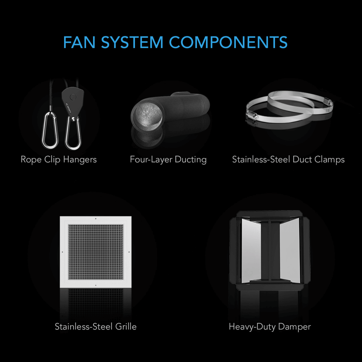 Components of AC Infinity CLOUDWAY S12 fan system: rope clip hangers, four-layer ducting, duct clamps, grille, heavy-duty damper.