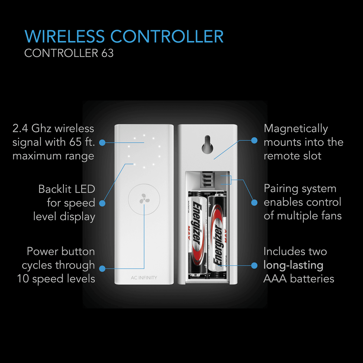 Wireless controller for AC Infinity CLOUDWAY S12, featuring 10-speed control, LED display, and 65 ft range with AAA batteries.