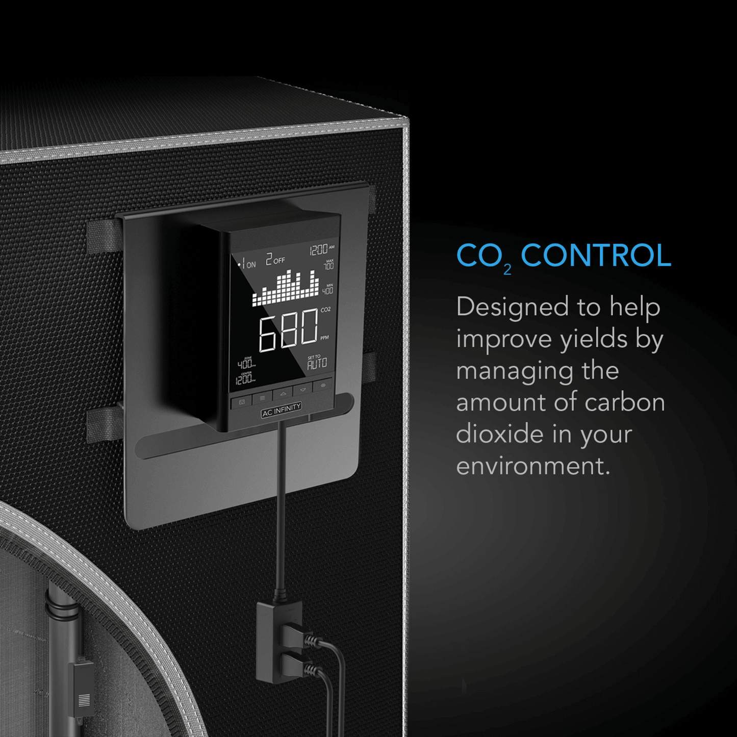 AC Infinity CO2 controller managing carbon dioxide levels for optimal indoor growing environment.