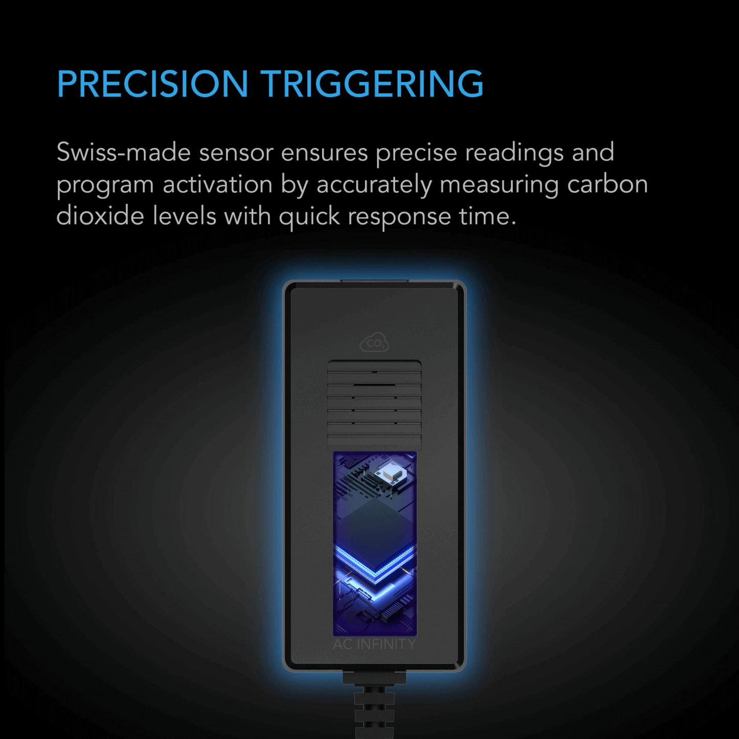 AC Infinity CO2 Controller with Swiss sensor for precise carbon dioxide measurement and fast response in grow environments.