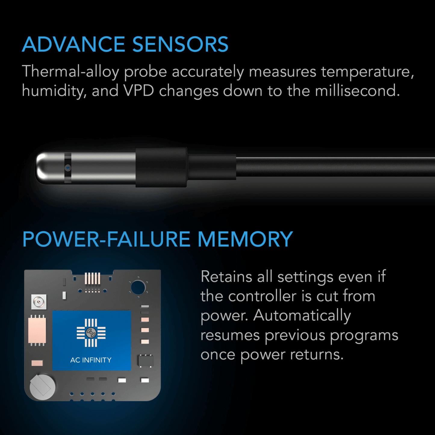 AC Infinity Controller with advanced sensors and power-failure memory for dynamic temperature, humidity, and VPD control.