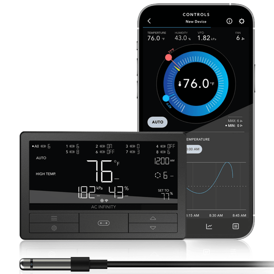 AC Infinity CONTROLLER 69 PRO+ with smartphone interface, managing temperature, humidity, and VPD for up to eight devices via app.