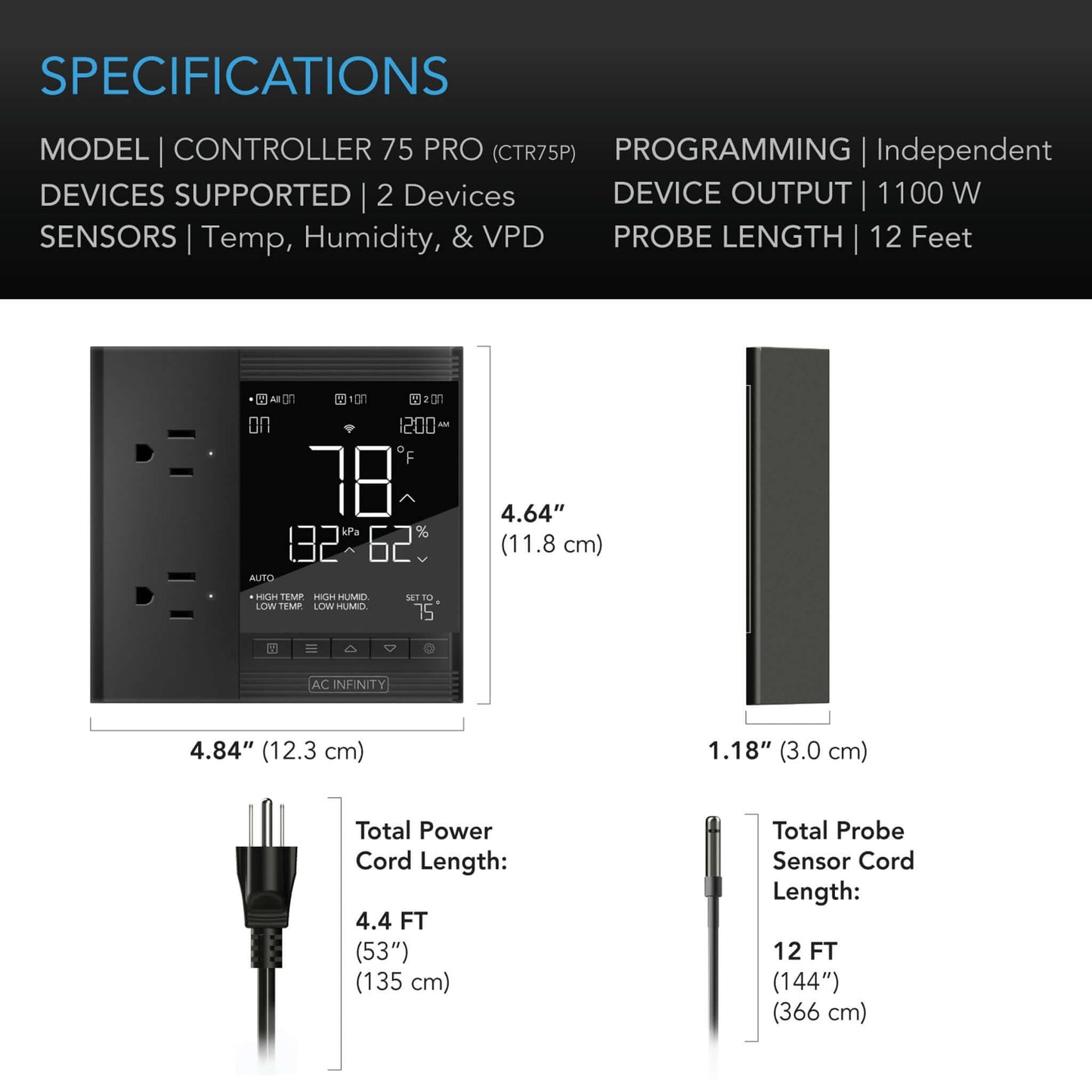 AC Infinity CONTROLLER 75 PRO, Independent Programs for Two Devices, Dynamic VPD, Temperature, Humidity, Scheduling, Data App, Bluetooth + WiFi, Desktop
