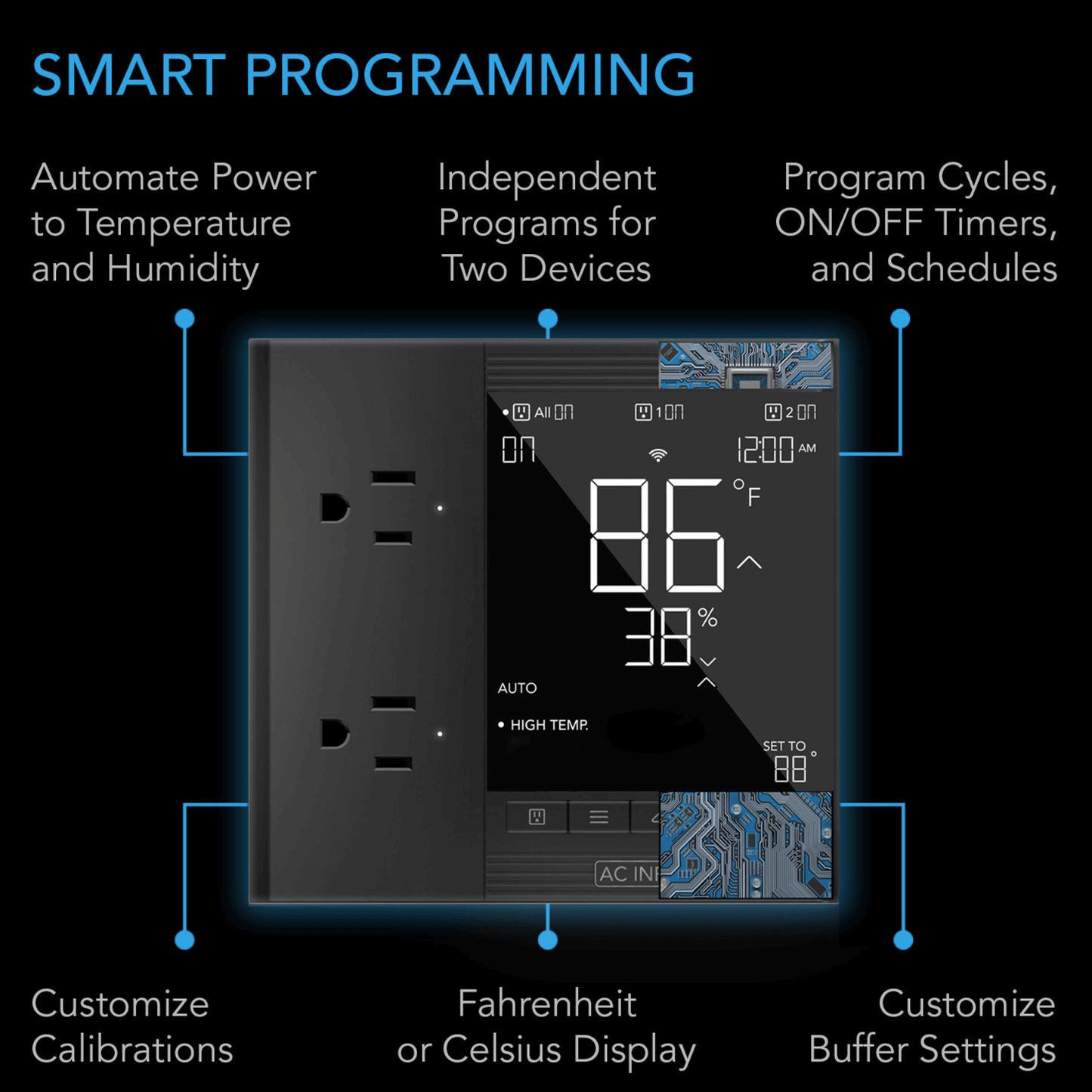 AC Infinity CONTROLLER 75, Smart Outlet Controller, Temperature, Humidity, Schedule Programs for Two Devices, Data App, Bluetooth CTR75A Climate Control