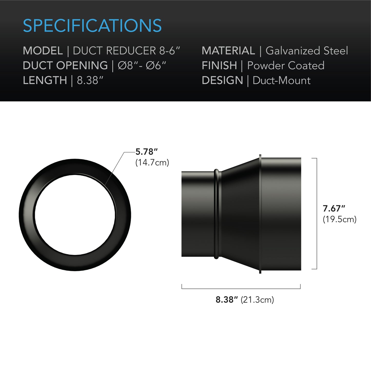 AC Infinity Duct Reducer 8-Inch to 6-Inch Adapter Cone Galvanized product image 4