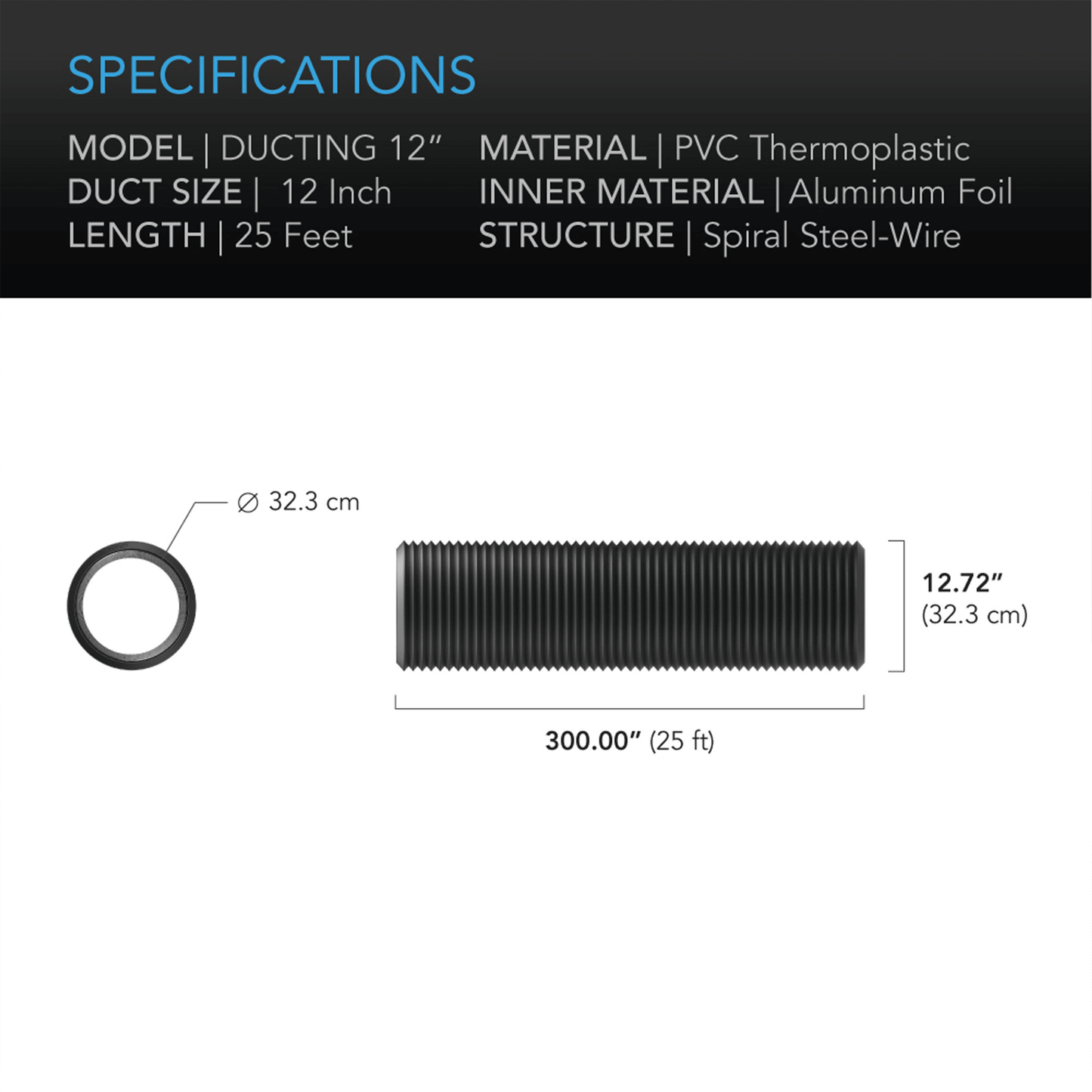 AC Infinity 12-Inch Ducting Specifications, 25-FT, PVC Thermoplastic, Spiral Steel-Wire Structure, Aluminum Foil Inner Material