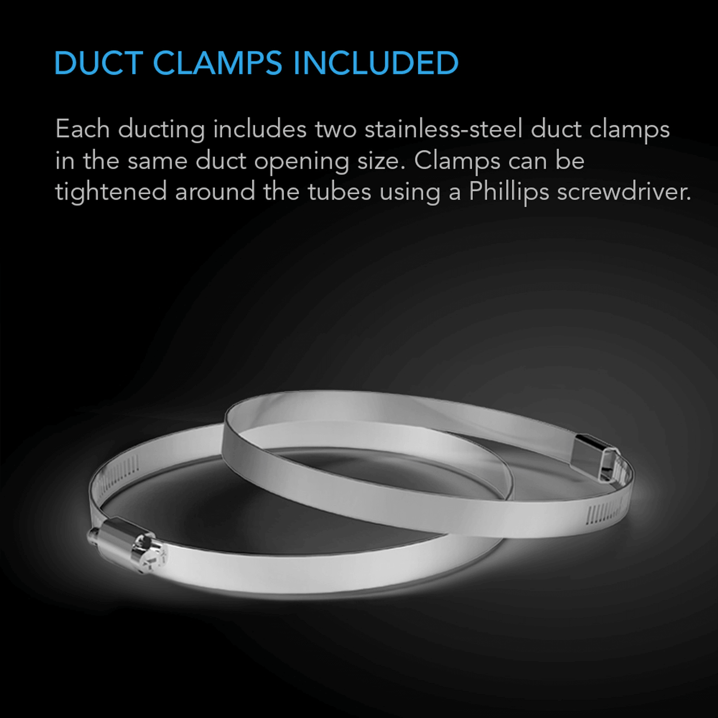 Stainless steel duct clamps included with AC Infinity flexible ducting for secure installation.