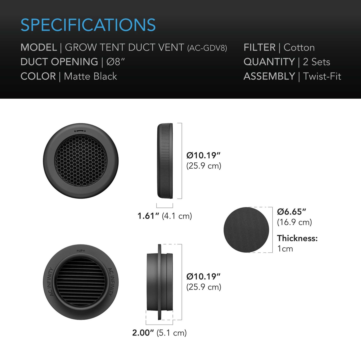 AC Infinity Grow Tent Duct Vent Attachment, 8-Inch 2 Pack, Light-Blocking & Dust-Resistant
