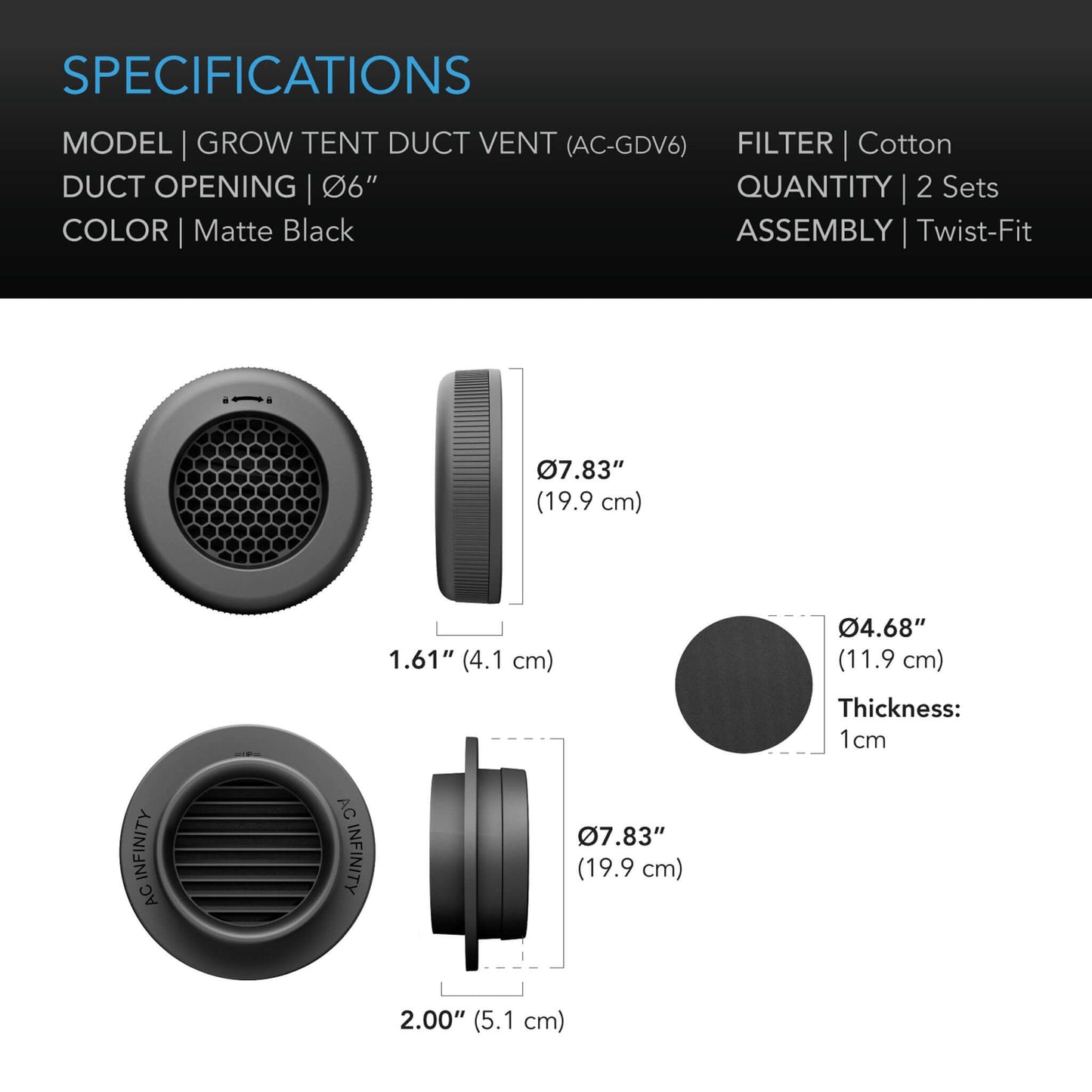 AC Infinity Grow Tent Duct Vent Attachment, 6-Inch 2 Pack, Light-Blocking & Dust-Resistant