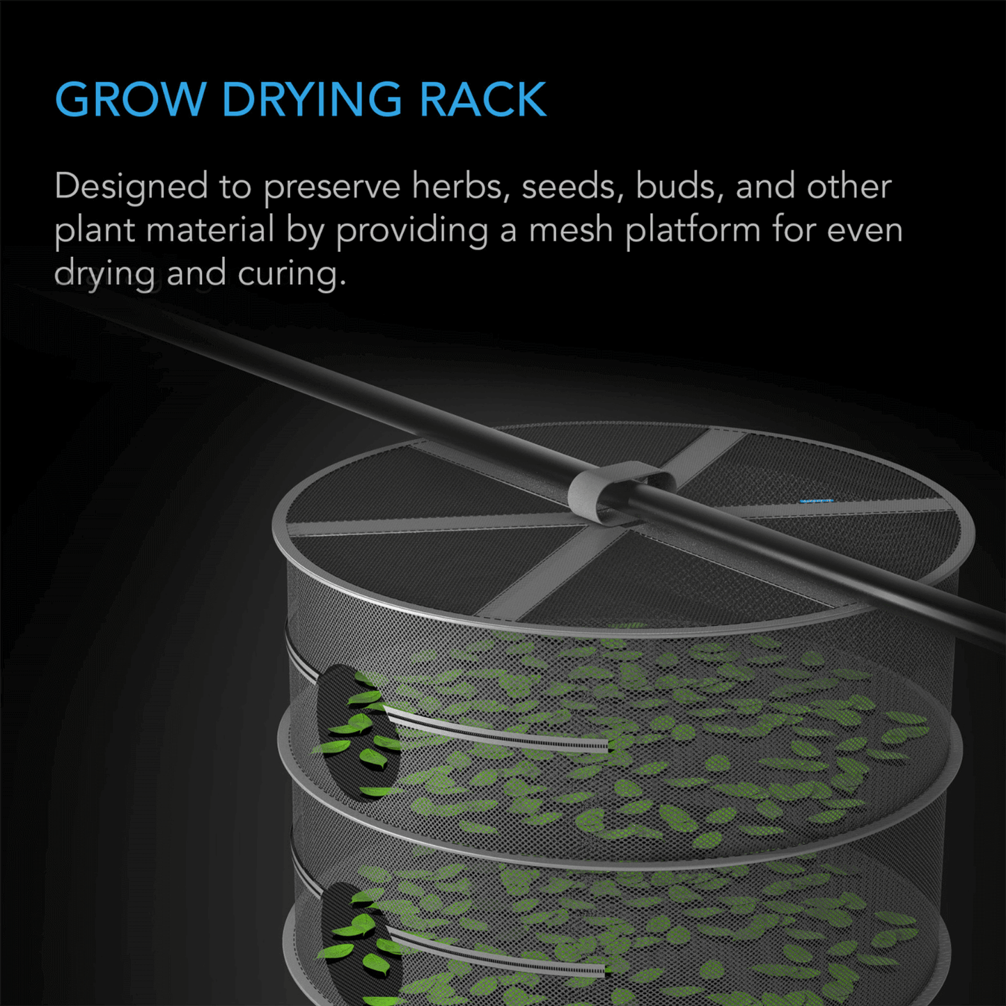 AC Infinity herb drying rack with four tiers, featuring a mesh netting design for even drying of herbs, seeds, and buds.