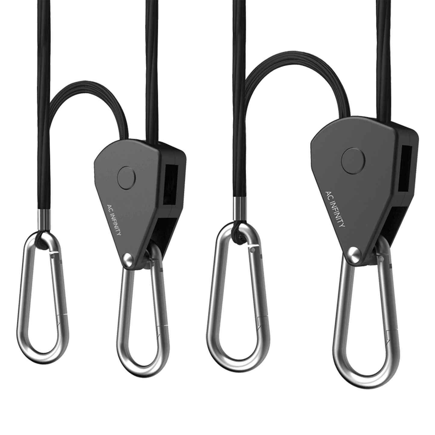 AC Infinity heavy-duty adjustable rope clip hanger with carabiner hooks for hanging grow lights, fans, and filters securely.