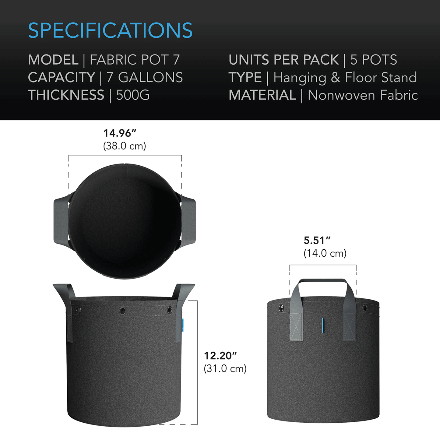 AC Infinity Heavy Duty Fabric Pots specifications, 7-gallon capacity, set of five, durable nonwoven fabric with nylon handles and stitching.