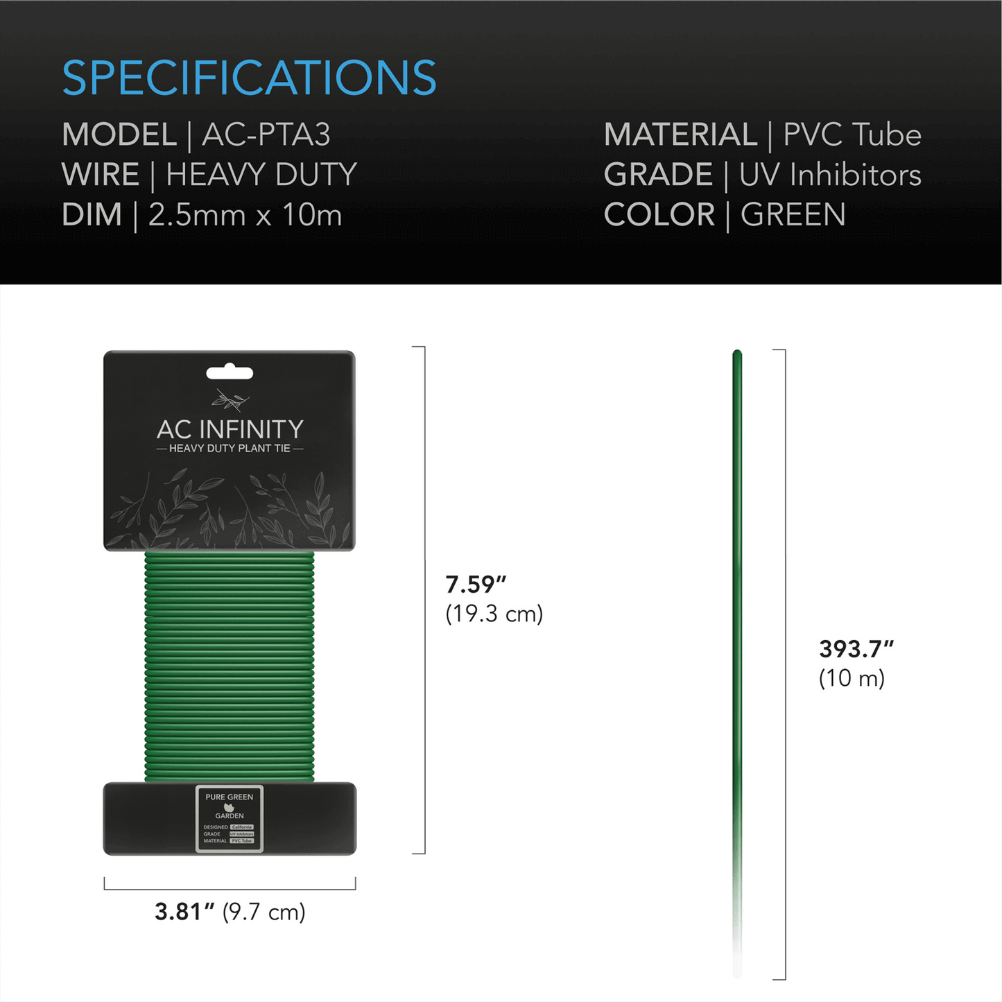 "AC Infinity heavy-duty twist ties specifications, 10m green PVC tube, garden plant support wire"