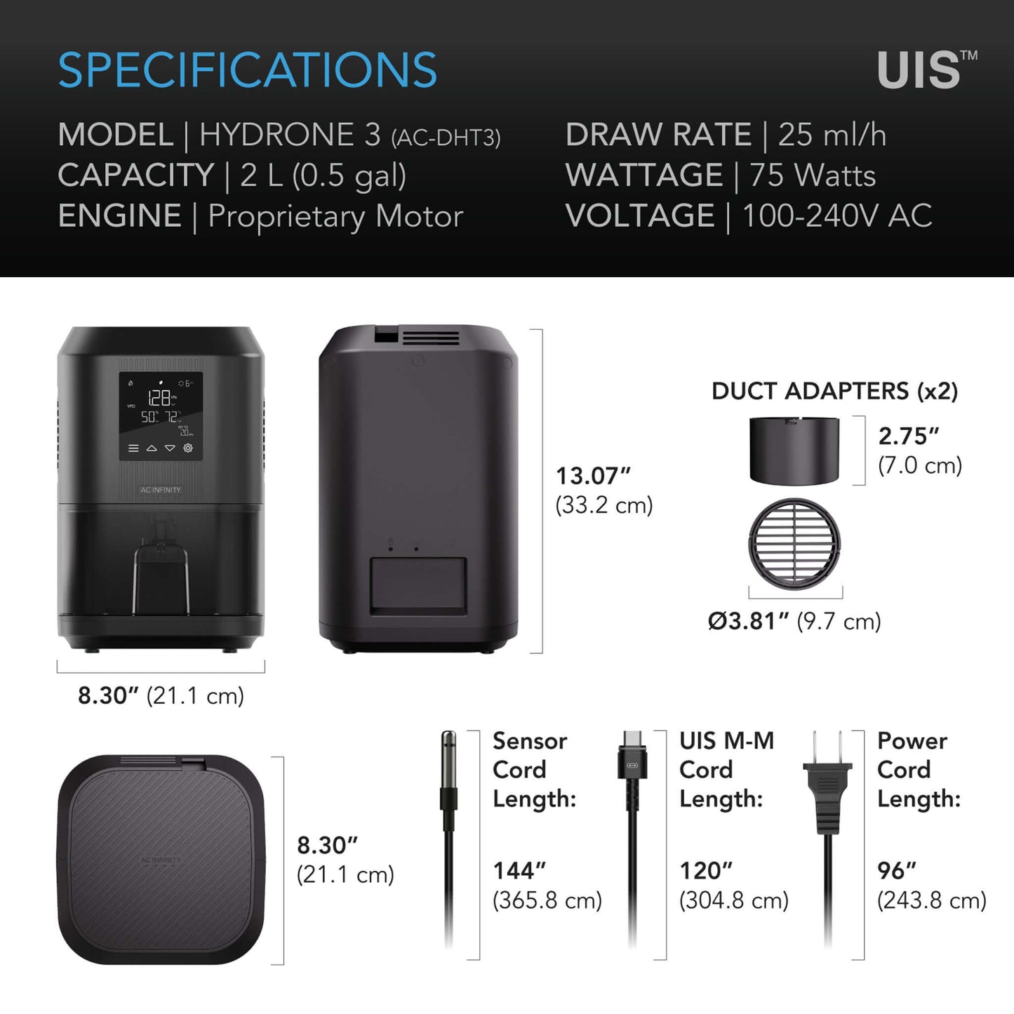 AC Infinity HYDRONE 3, Plant Dehumidifier with VPD Humidity Controls, 10-Level Precision Environmental Stabilizer, High-Precision PWM Motor, Intake Fan Mode, Dual Duct, up to 2x2 Grow Tents