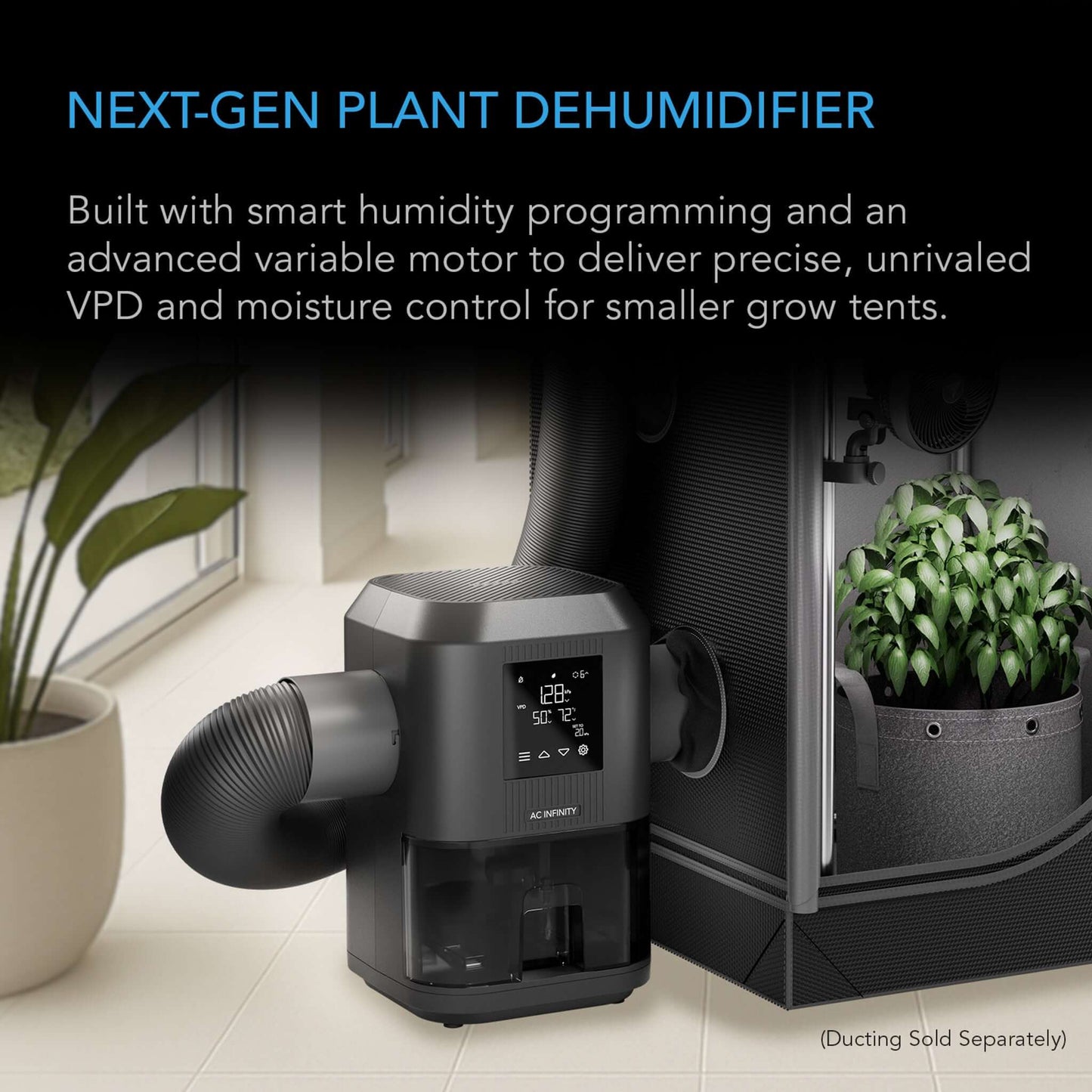 AC Infinity HYDRONE 3, Plant Dehumidifier with VPD Humidity Controls, 10-Level Precision Environmental Stabilizer, High-Precision PWM Motor, Intake Fan Mode, Dual Duct, up to 2x2 Grow Tents