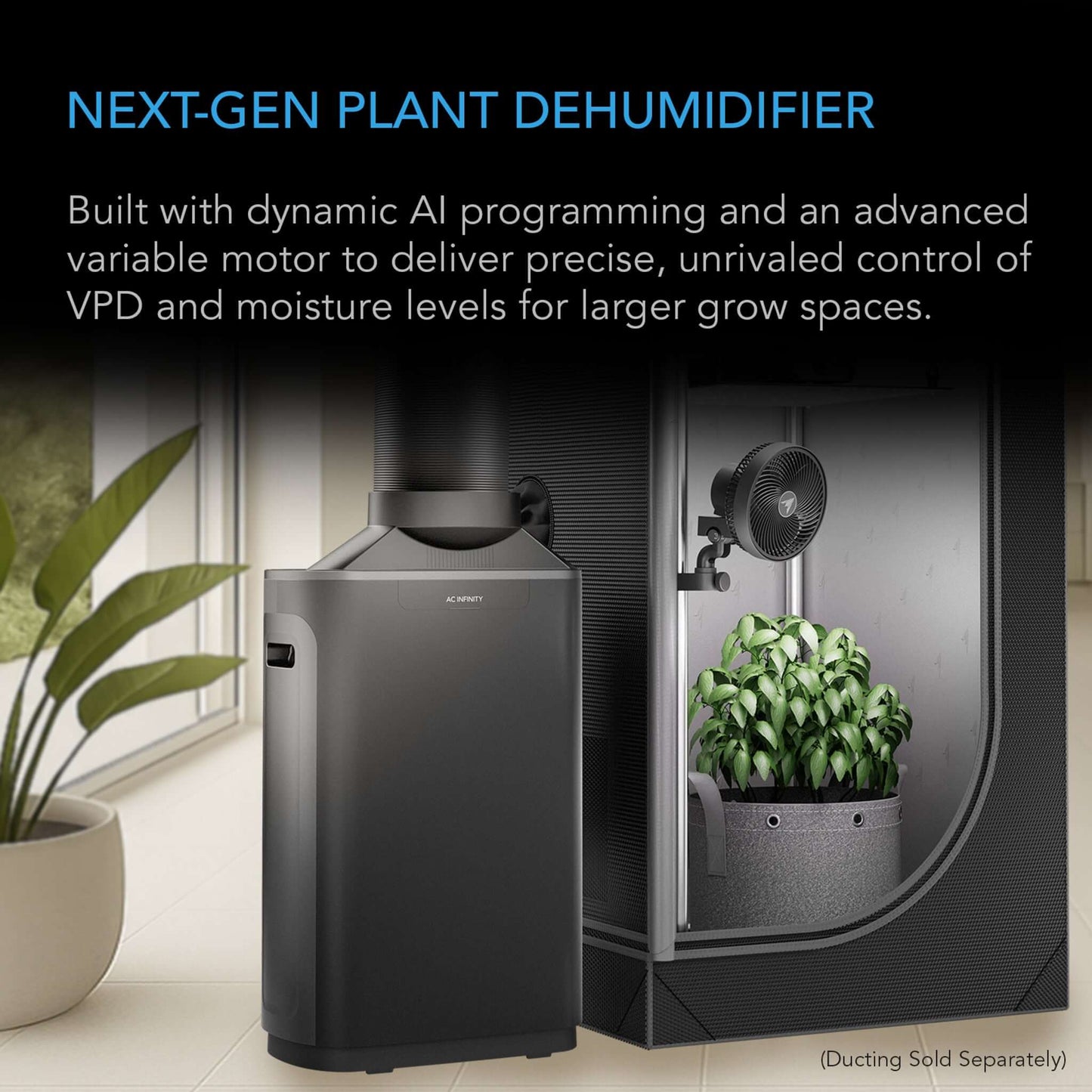 AC Infinity HYDRONE 7, Plant Dehumidifier with VPD Humidity Controls, 10 Drying Levels, AI Dynamic Programming, High-Precision PWM Motor, Intake Fan Mode, Dual Duct, up to 10x10 or Larger Grow Tents