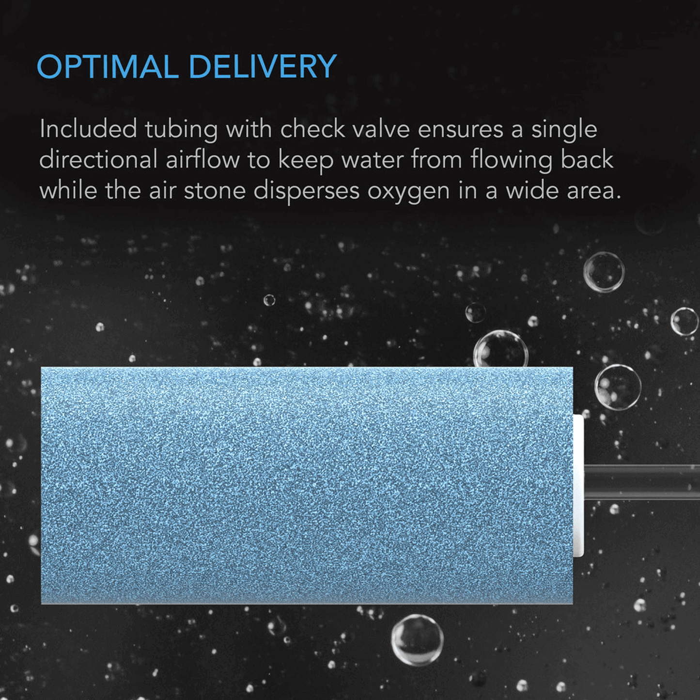 Air stone and tubing for optimal oxygen delivery in hydroponics, ensuring efficient airflow and preventing water backflow.